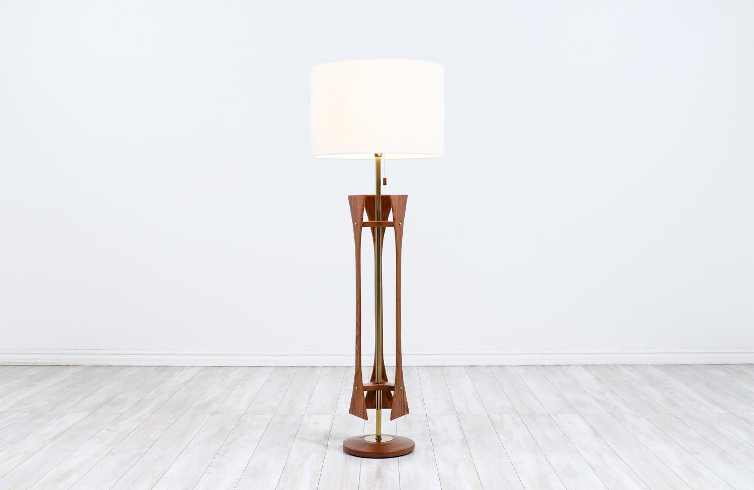 Polished Mid-Century Modern Walnut Sculpted Floor Lamp with Brass Accents