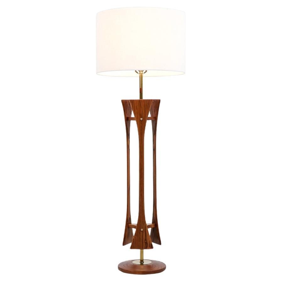 Mid-Century Modern Walnut Sculpted Floor Lamp with Brass Accents