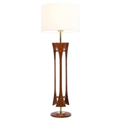 Mid-Century Modern Walnut Sculpted Floor Lamp with Brass Accents