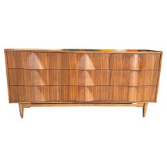 Mid Century Modern Walnut Sculpted Front 9 Drawer Dresser