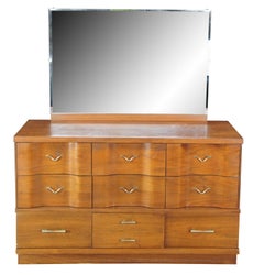 Mid Century Modern Walnut Serpentine Mirrored Dresser Chest of Drawers Vanity