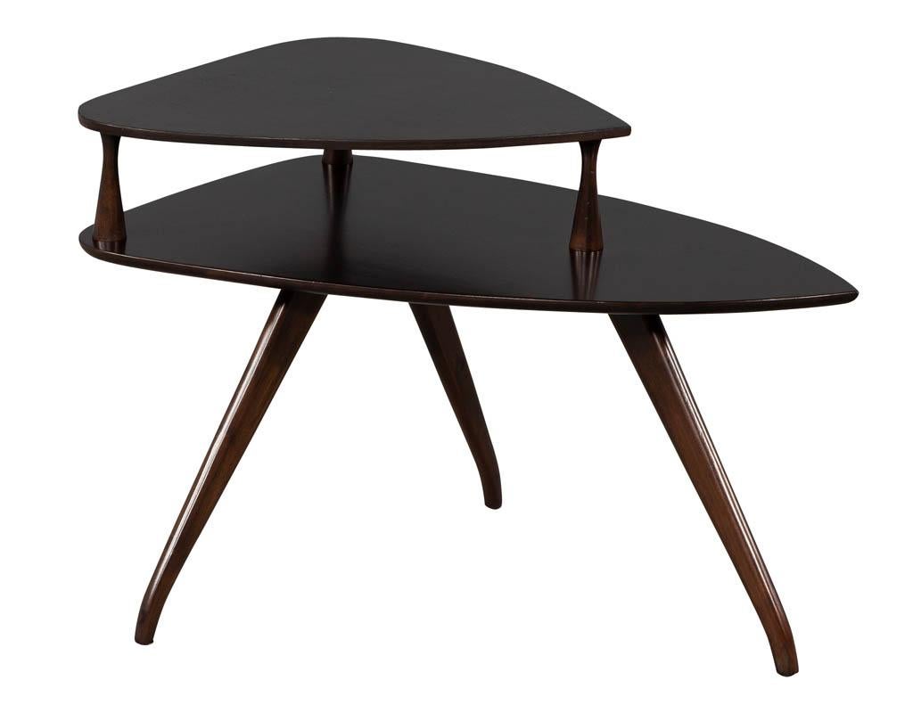 Mid-Century Modern Walnut Accent Table. Featuring unique mid-century curved design. All walnut construction, restored and refinished in a classic dark brown walnut finish.. Made in the USA, circa 1960's. In excellent condition, glass top is optional