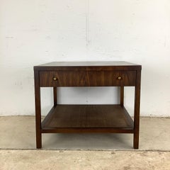 Mid-Century Modern Walnut Side Table with Drawer and Cane Shelf