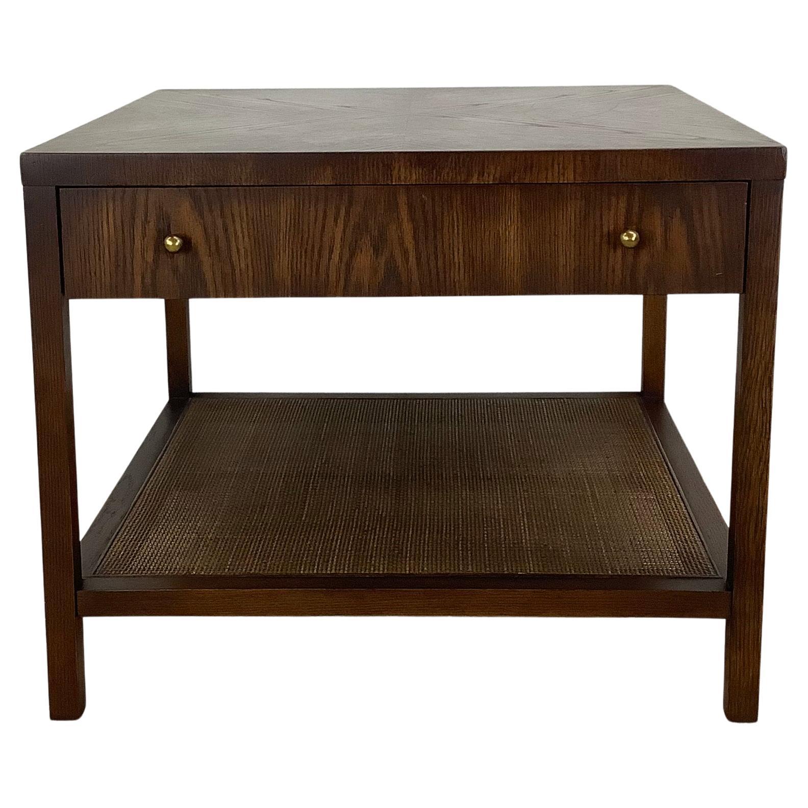 Mid-Century Modern Walnut Side Table with Drawer and Cane Shelf im Angebot