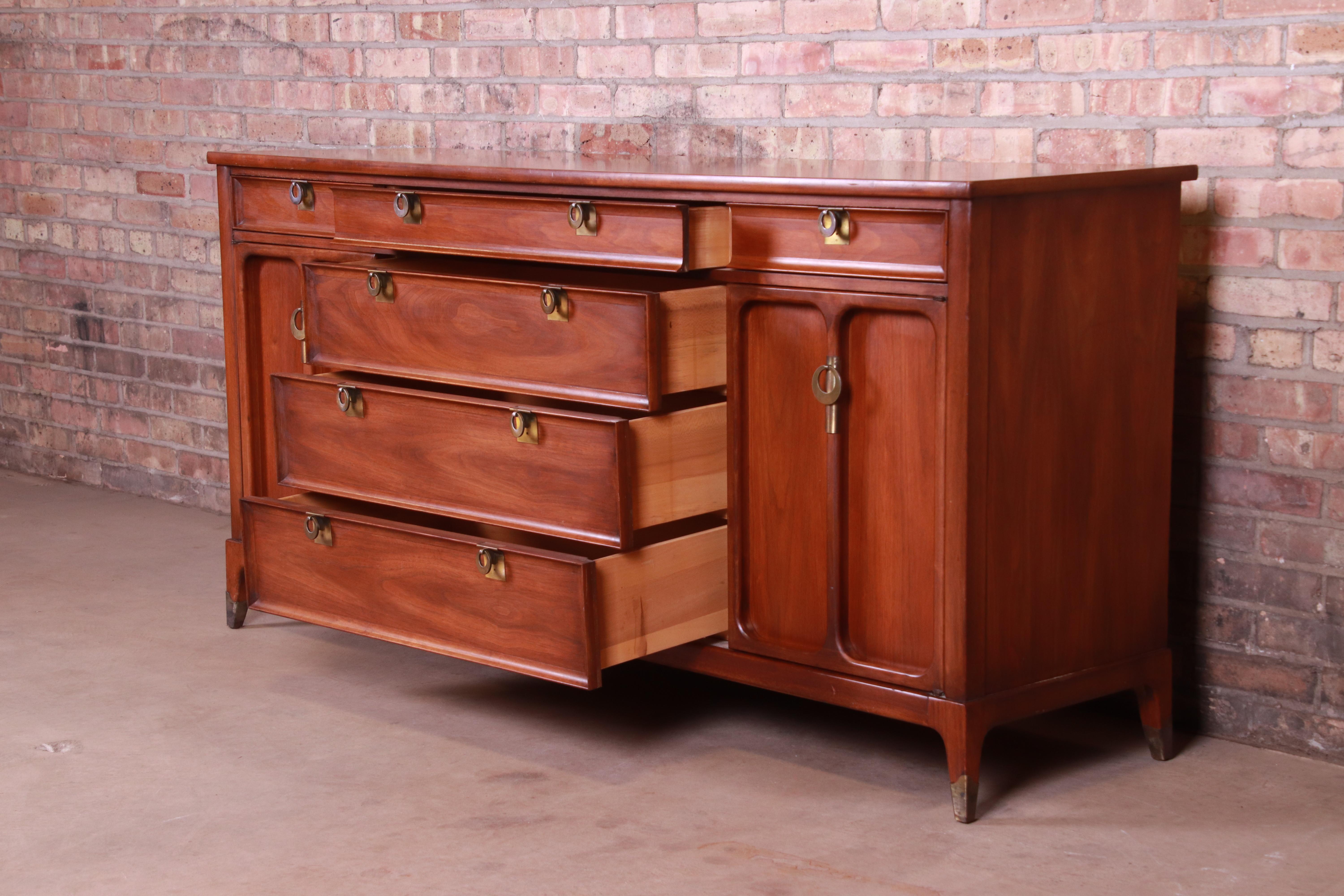 Brass Mid-Century Modern Walnut Sideboard or Credenza by White Furniture, circa 1960s