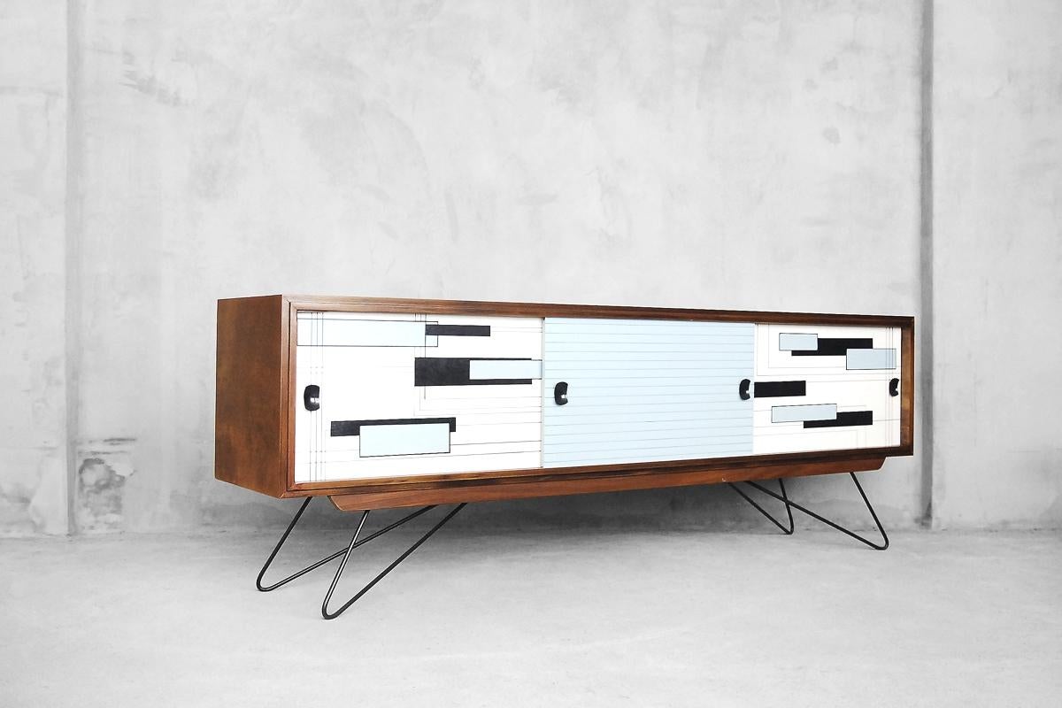 Metal Mid-Century Modern Walnut Sideboard with Hand-Painted Pattern, 1960s