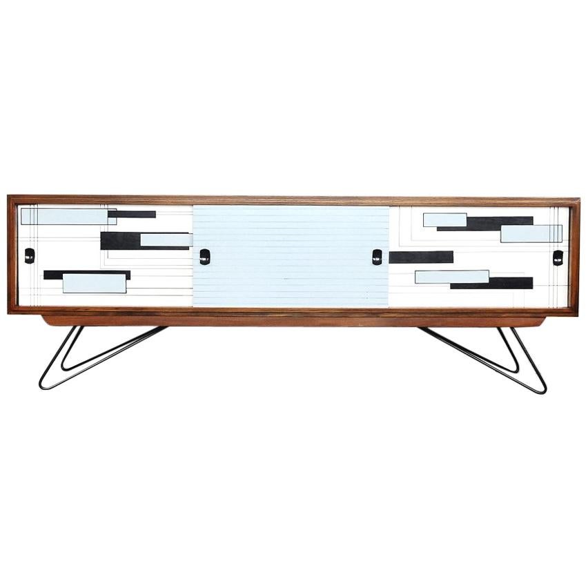 Mid-Century Modern Walnut Sideboard with Hand-Painted Pattern, 1960s