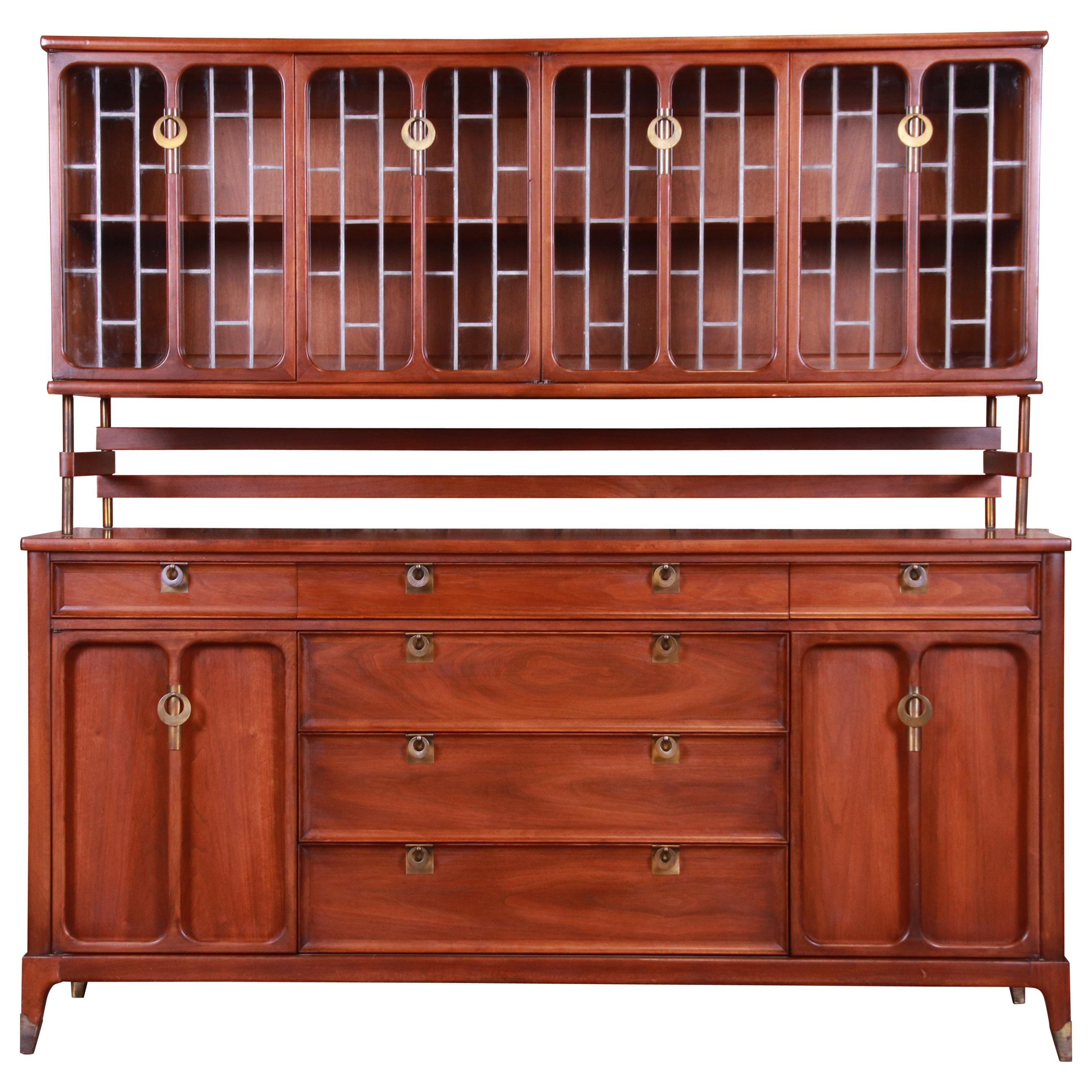 Mid-Century Modern Walnut Sideboard with Leaded Glass Hutch by White Furniture
