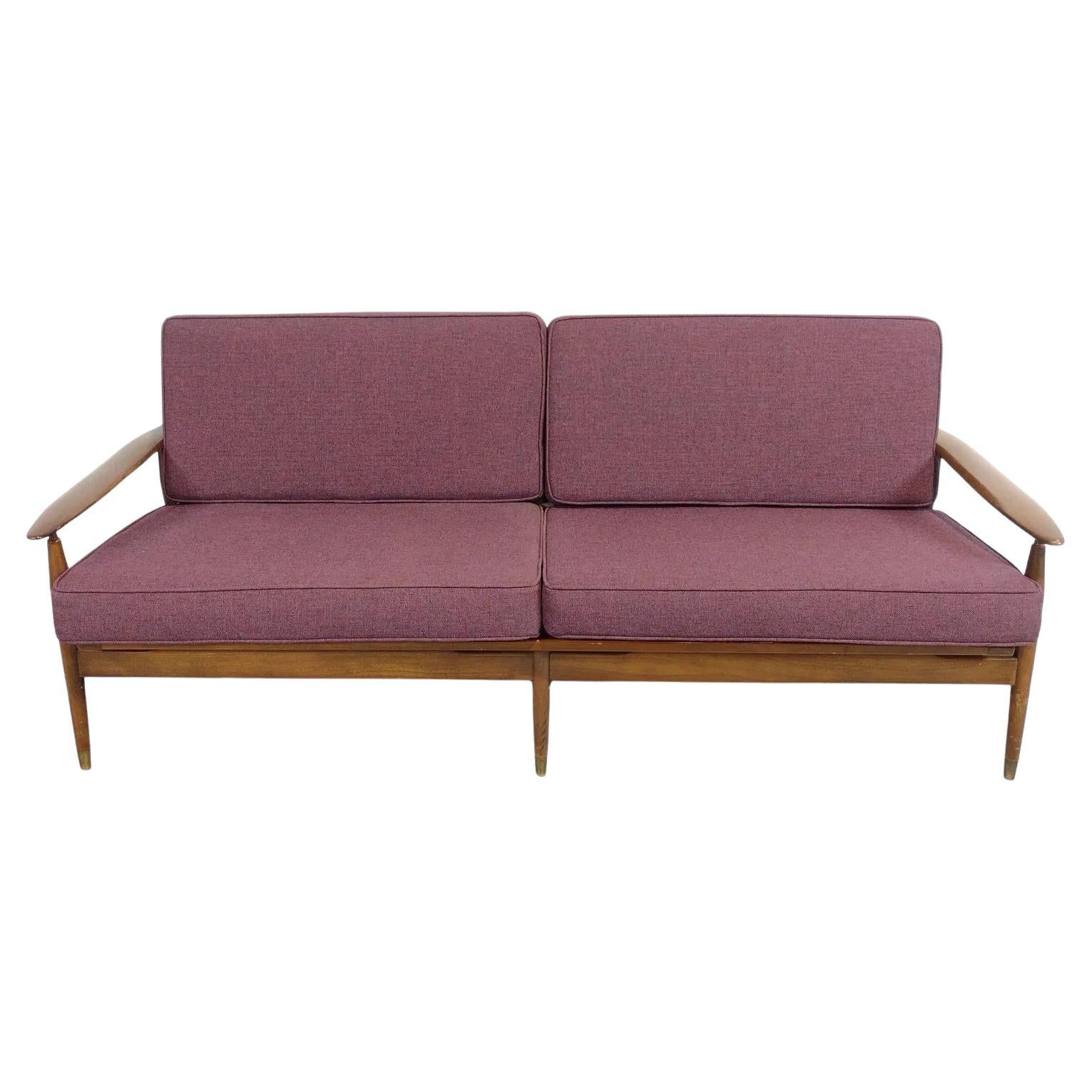 Mid-Century Modern Walnut Sofa with Plum Upholstery