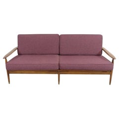 Mid-Century Modern Walnut Sofa with Plum Upholstery