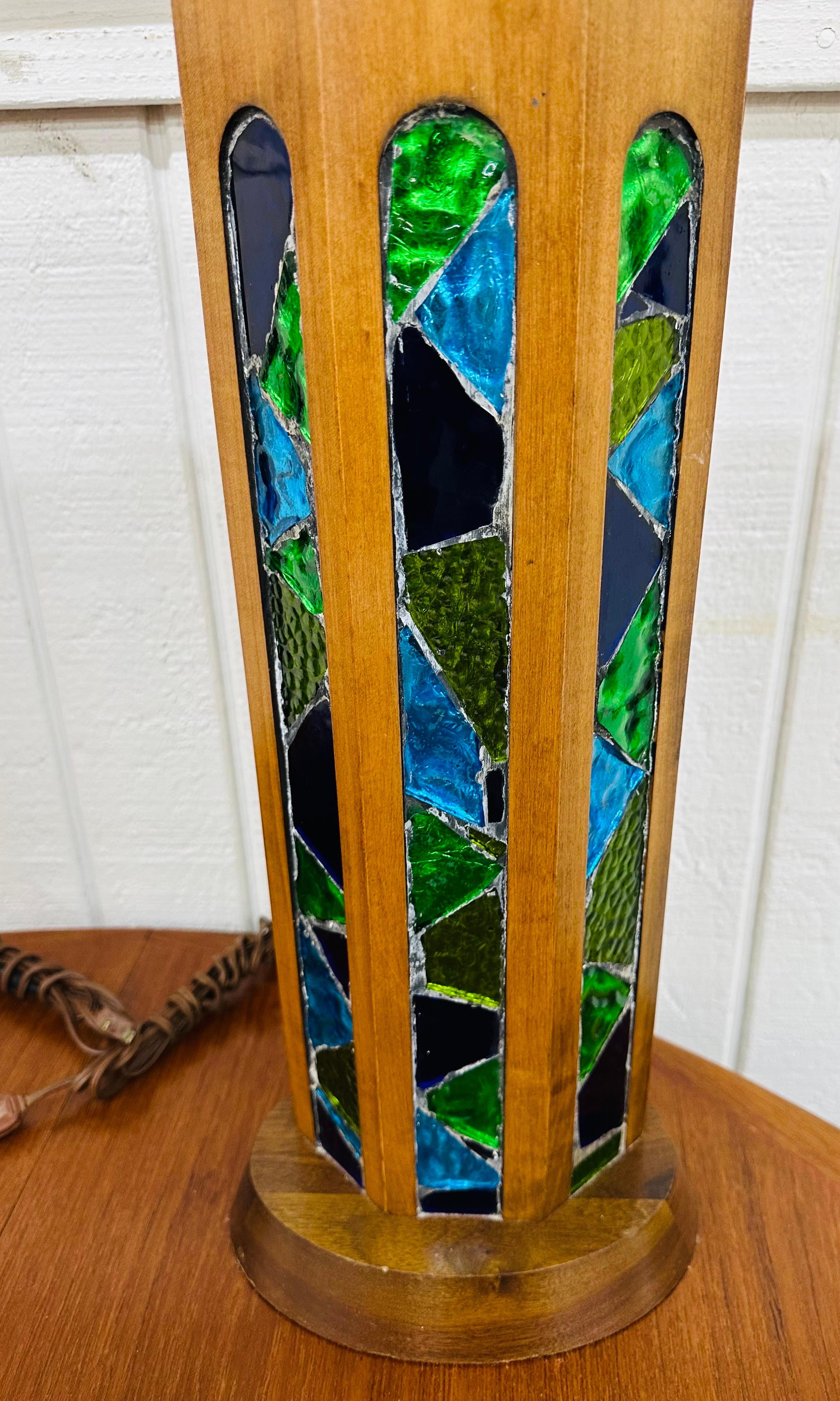 20th Century Mid-Century Modern Walnut Stained Glass Table Lamps - Set of 2