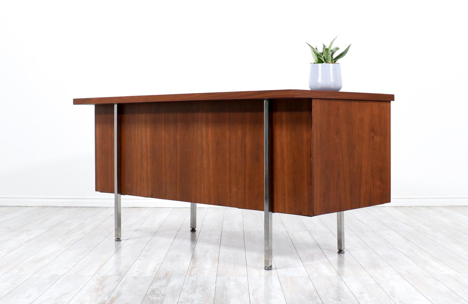 Chrome Mid-Century Modern Walnut & Steel Executive Desk