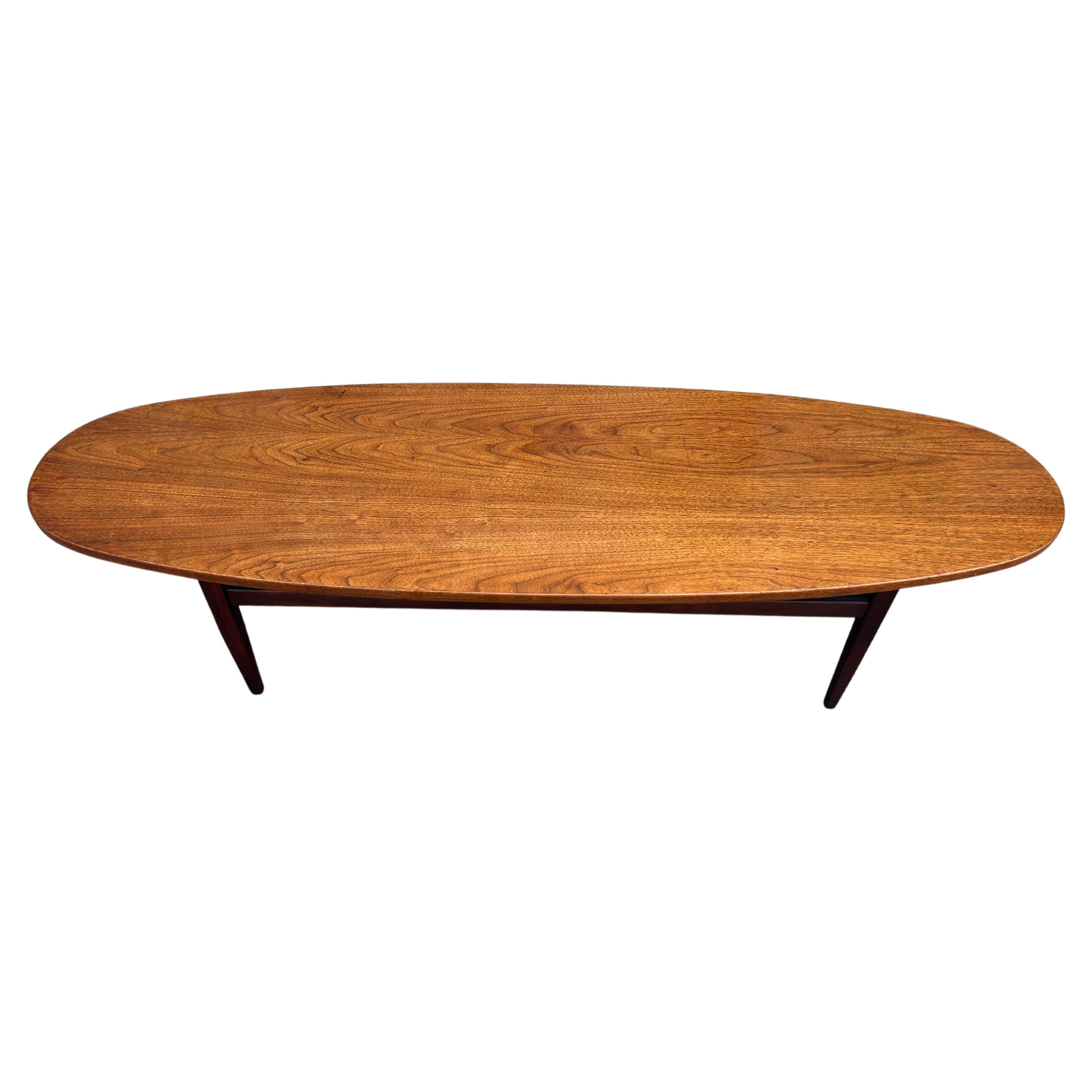 Mid-Century Modern Walnut Surfboard Oval Low Coffee Table Lane