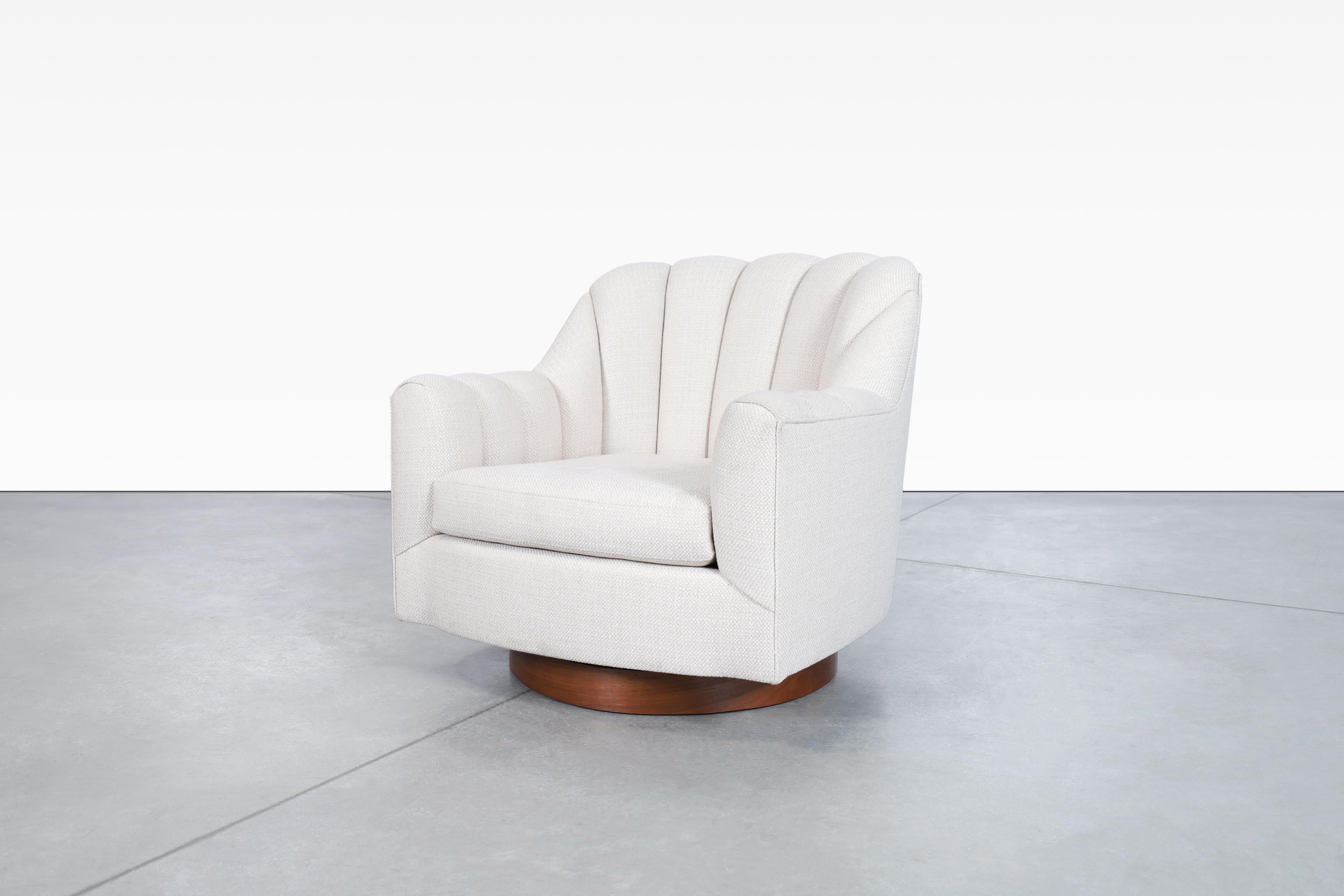 Fabric Mid-Century Modern Walnut Swivel Lounge Chairs