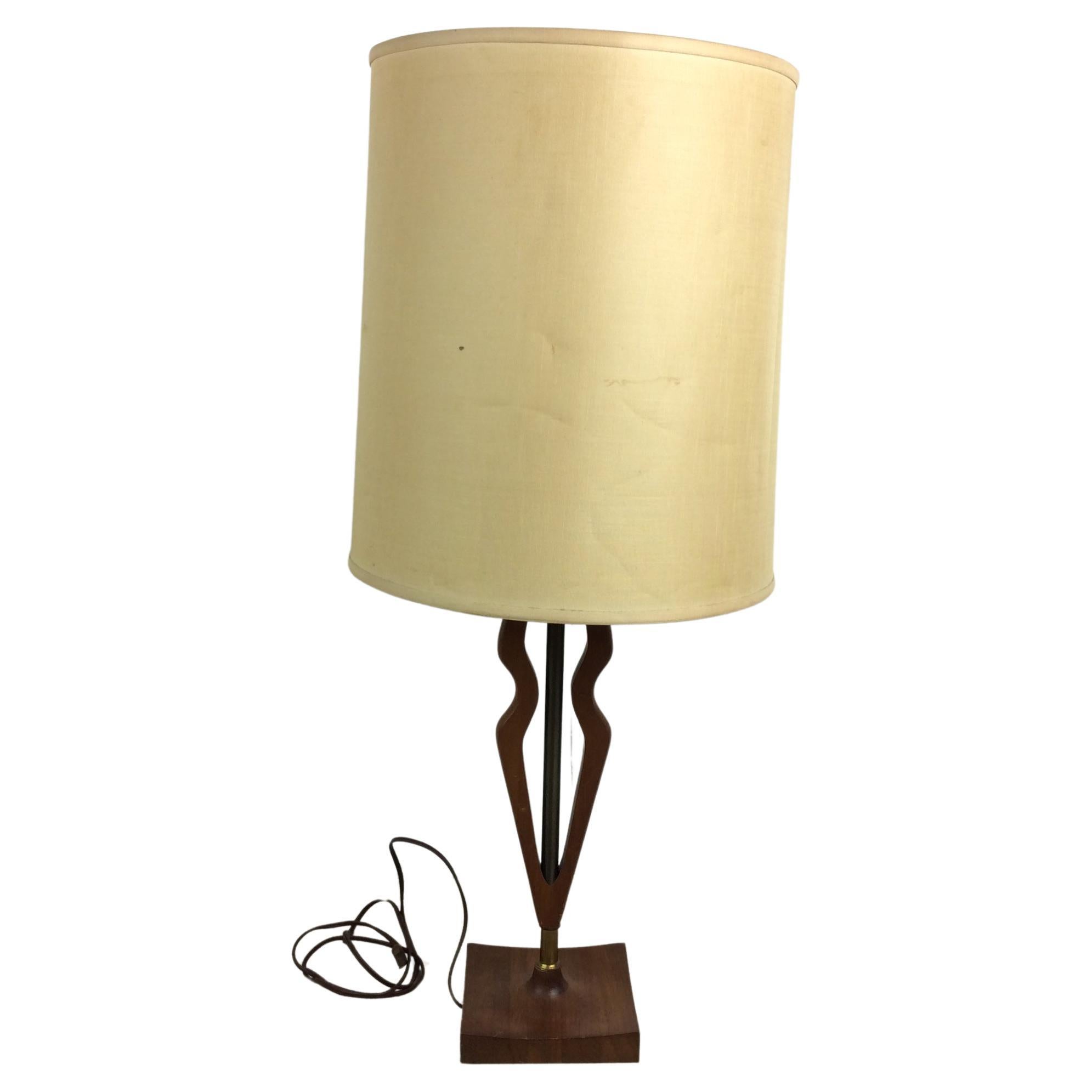 Mid Century Modern Walnut Table Lamp with Barrel Shade