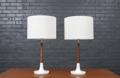 Mid-Century Modern Walnut Table Lamps w/ Sculptural Metal Bases