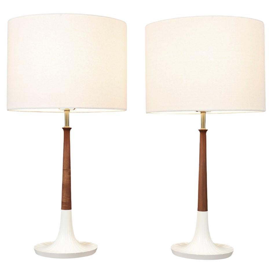 Mid-Century Modern Walnut Table Lamps w/ Sculptural Metal Bases