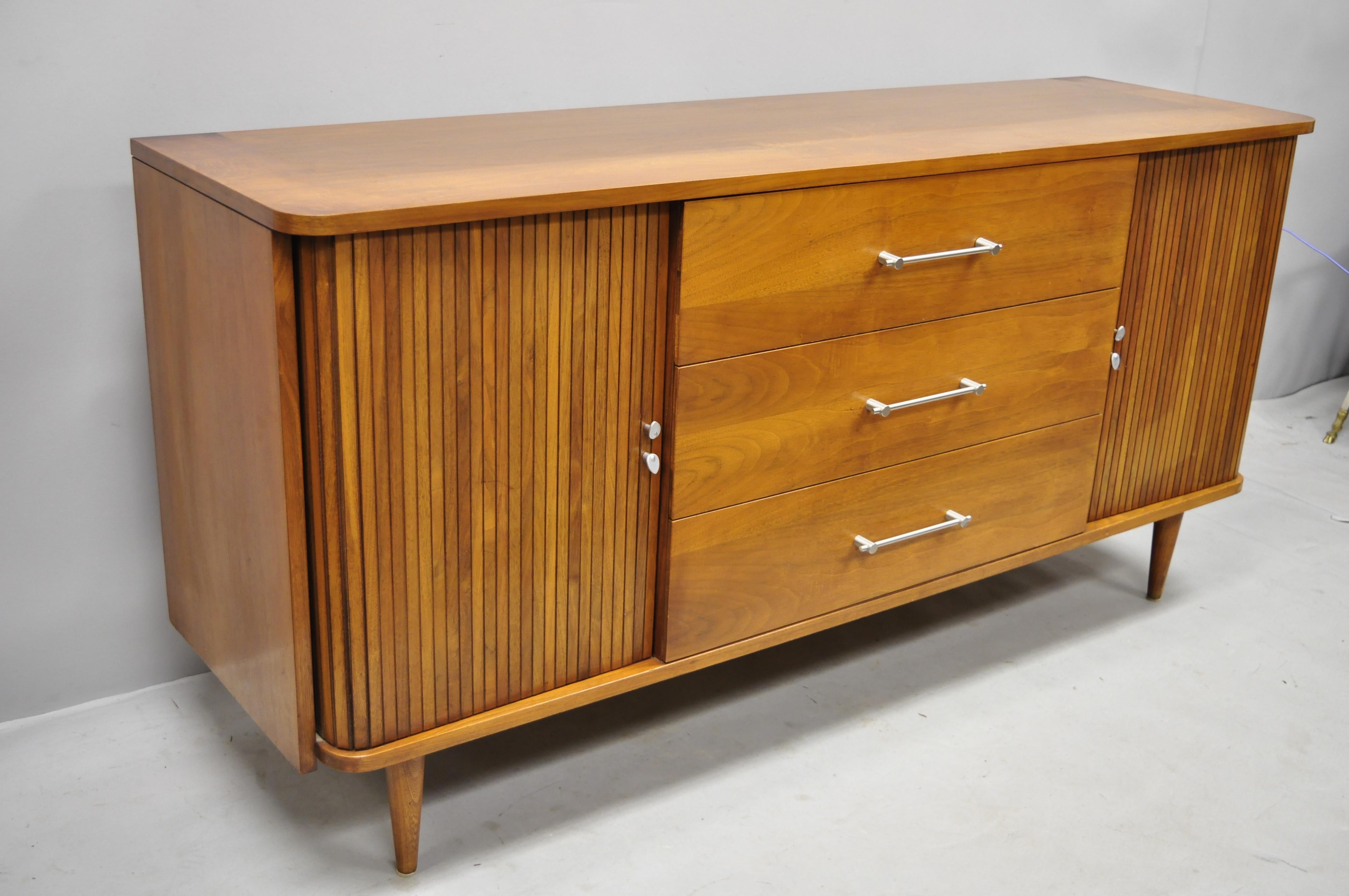 Mid-Century Modern Walnut Tambour Sliding Door Credenza Cabinet John Cameron 7