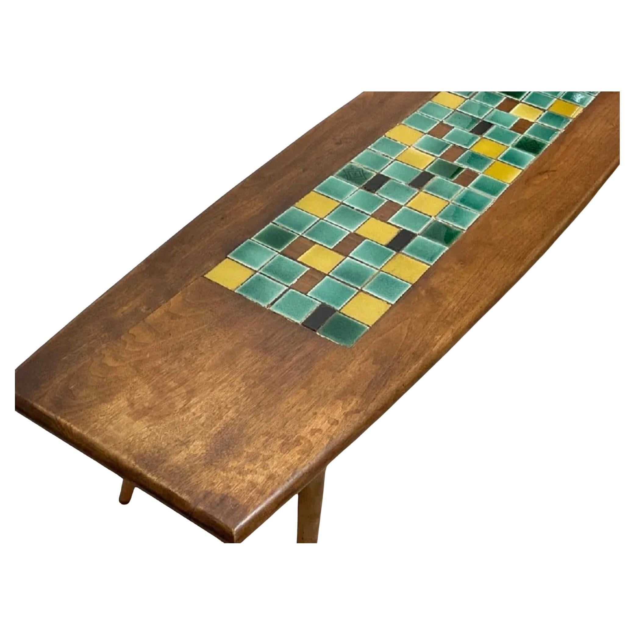 Mid century modern ceramic Tile Top Coffee Table. Yellow, teal, green, and black tiles in walnut wood coffee table. Has lower shelf. Made circa 1960 in USA. Located in Brooklyn NYC. Good vintage condition.

Dimensions: 15” x 72” x 17”