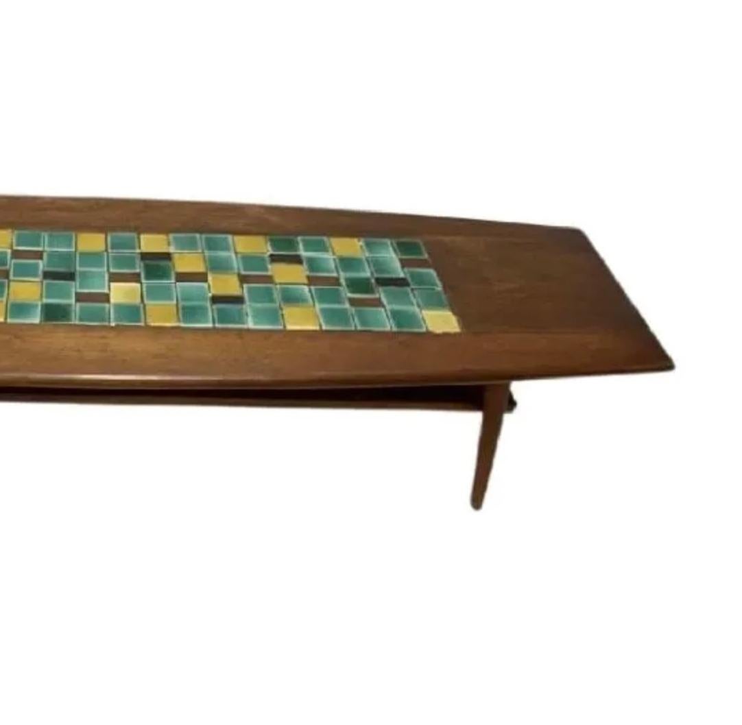 Mid-Century Modern Mid century modern walnut tapered coffee table with colorful ceramic tiles lower For Sale