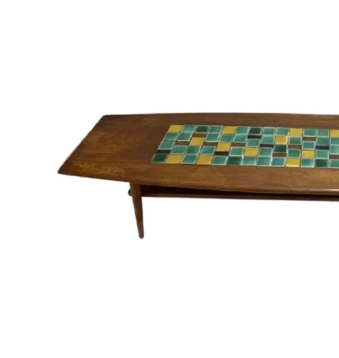 American Mid century modern walnut tapered coffee table with colorful ceramic tiles lower For Sale