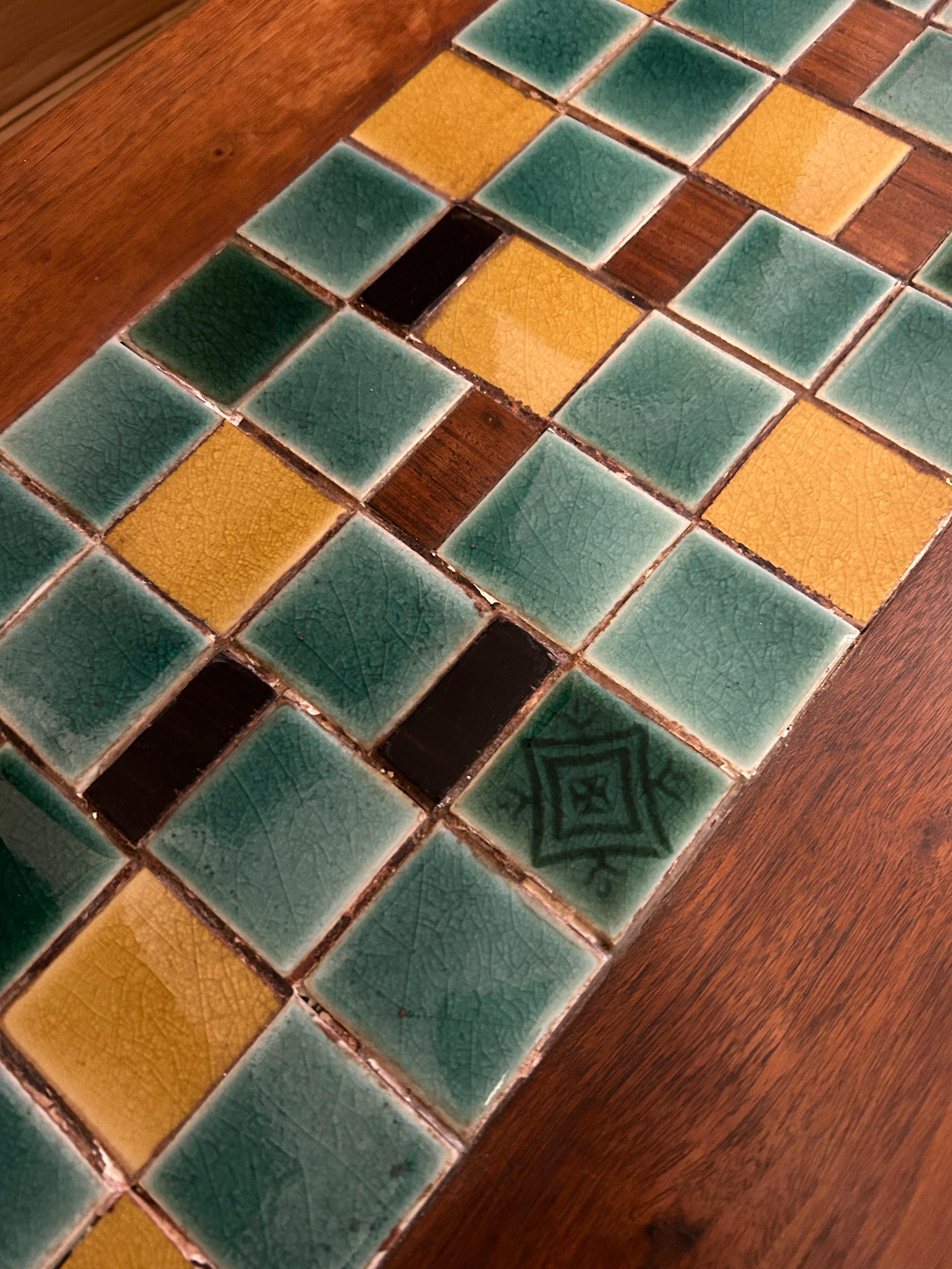 Woodwork Mid century modern walnut tapered coffee table with colorful ceramic tiles lower For Sale