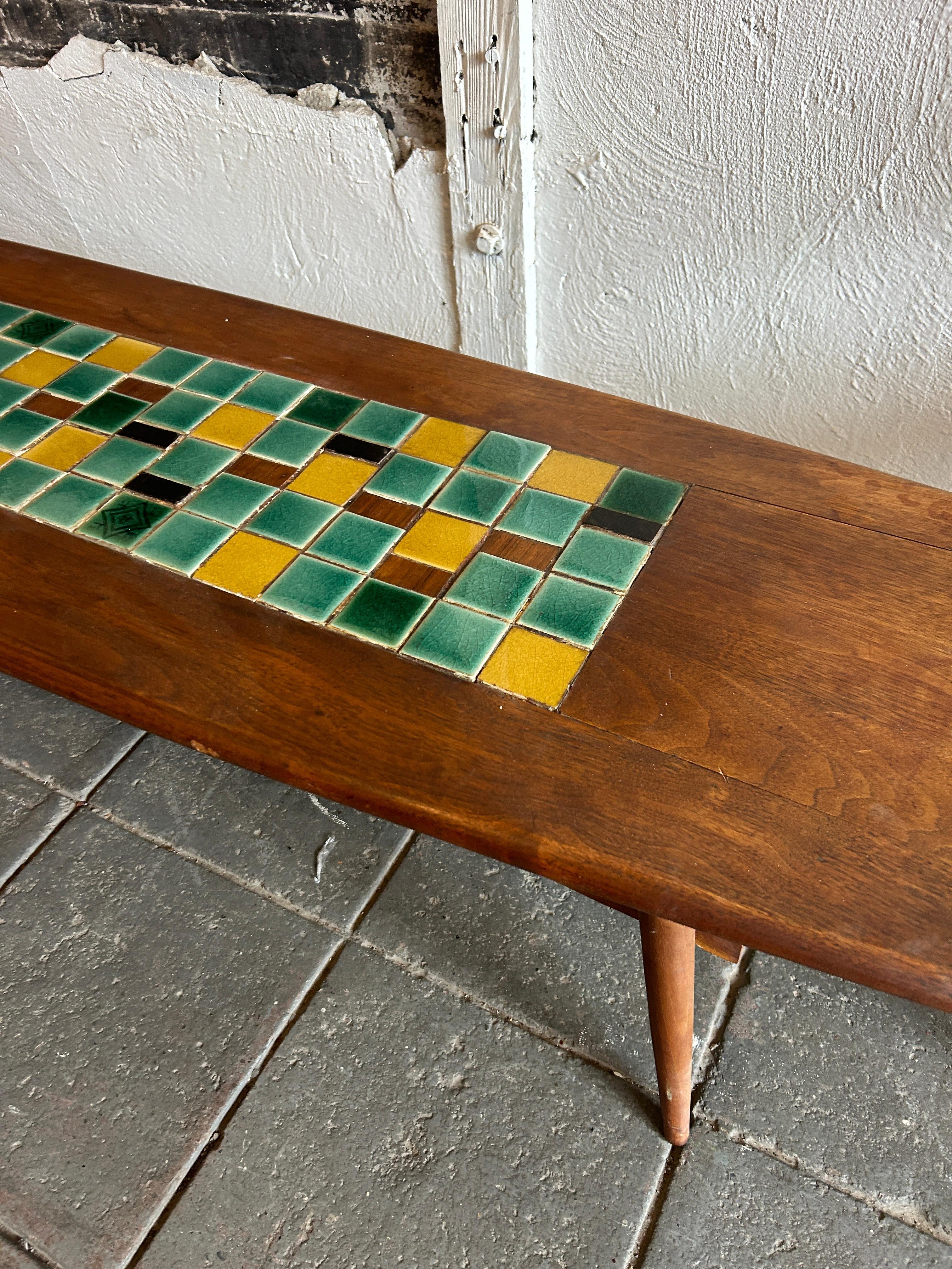 American Mid century modern walnut tapered coffee table with colorful ceramic tiles lower For Sale
