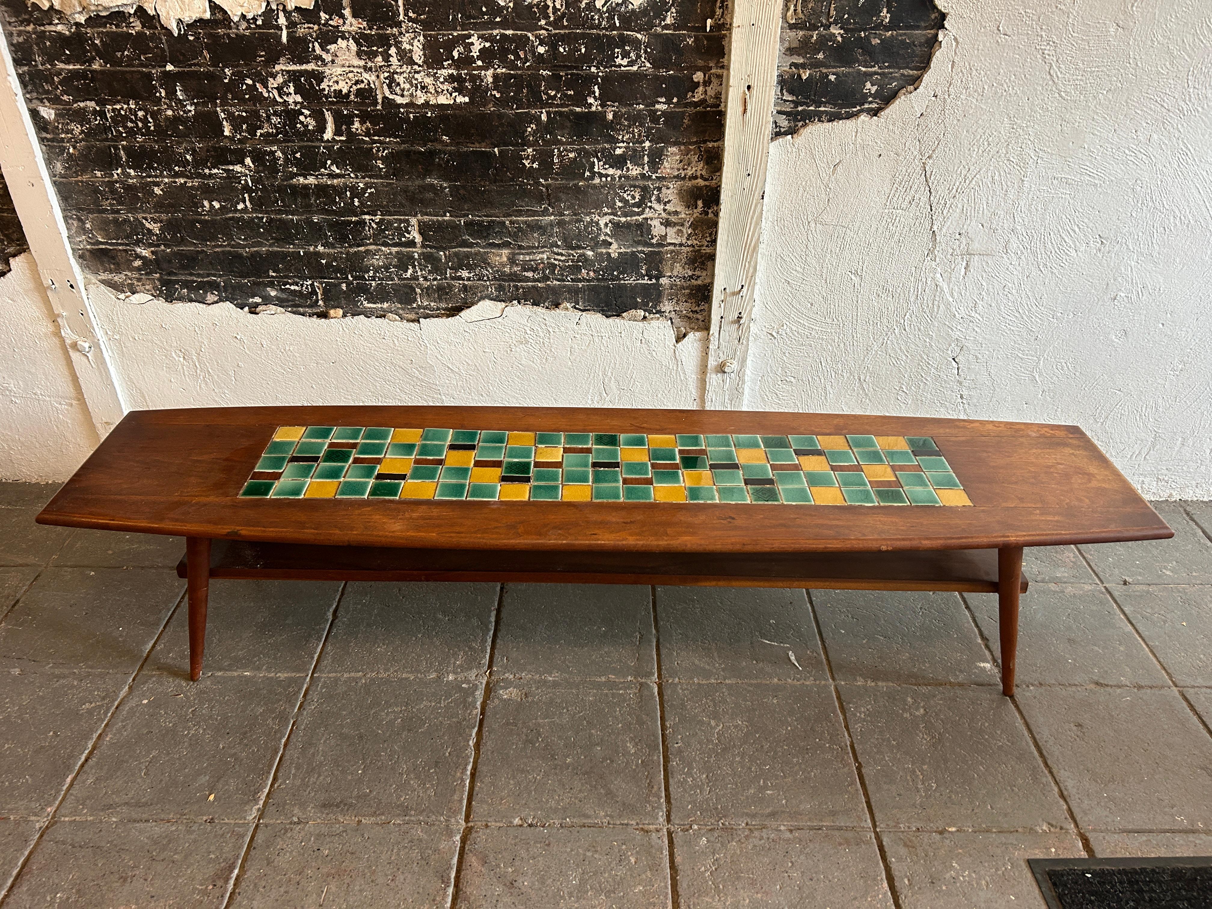 Woodwork Mid century modern walnut tapered coffee table with colorful ceramic tiles lower For Sale