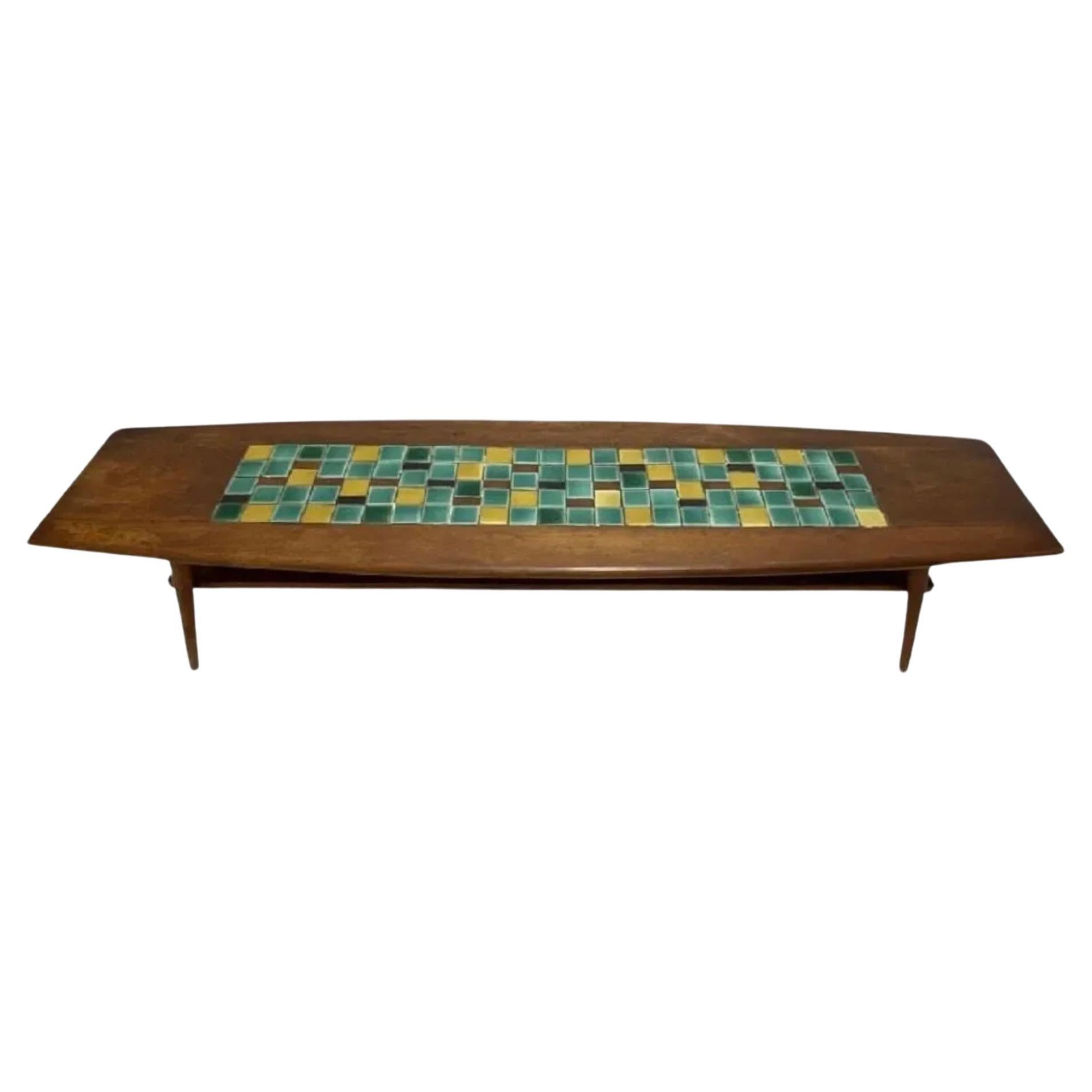Mid century modern walnut tapered coffee table with colorful ceramic tiles lower