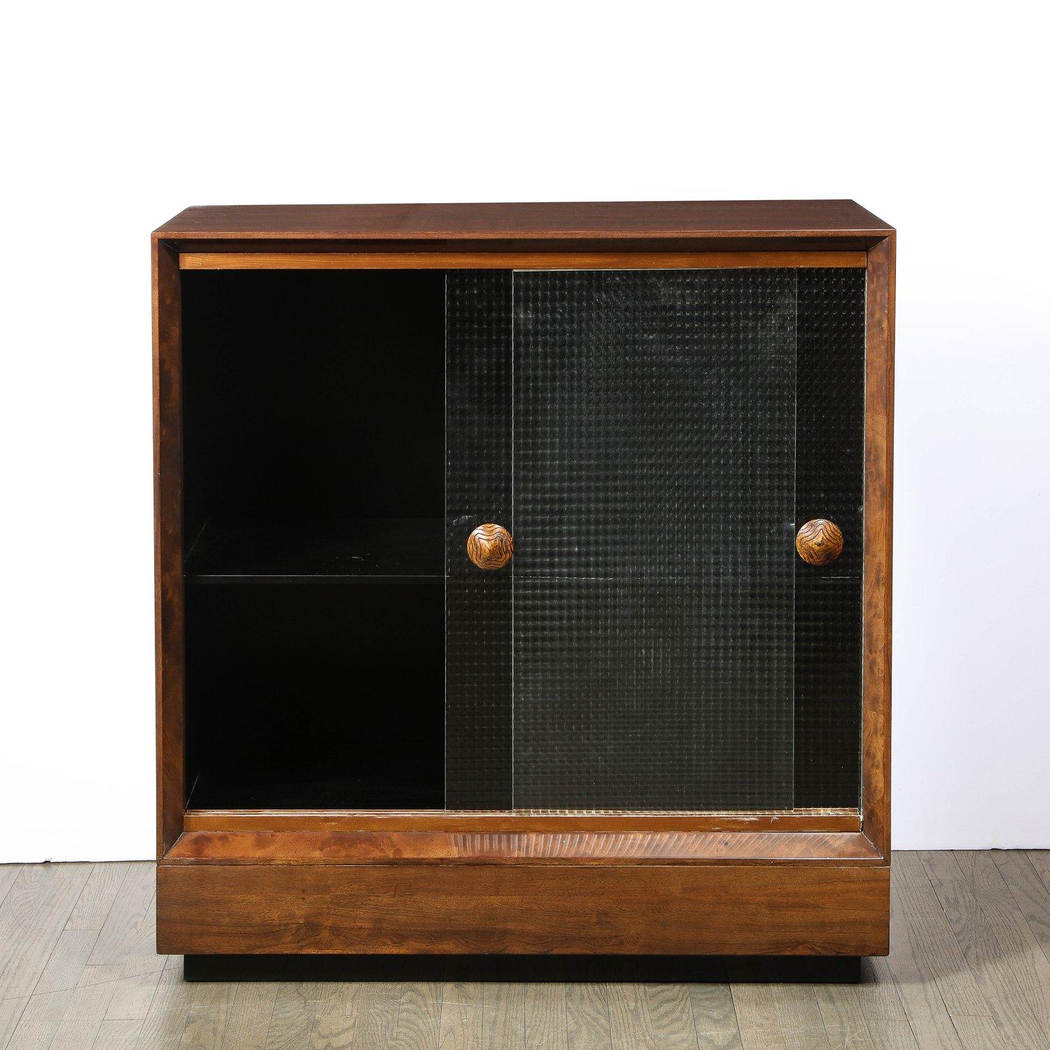 American Mid-Century Modern Walnut & Textured Glass Dry Bar/ Cabinet by Gilbert Rohde