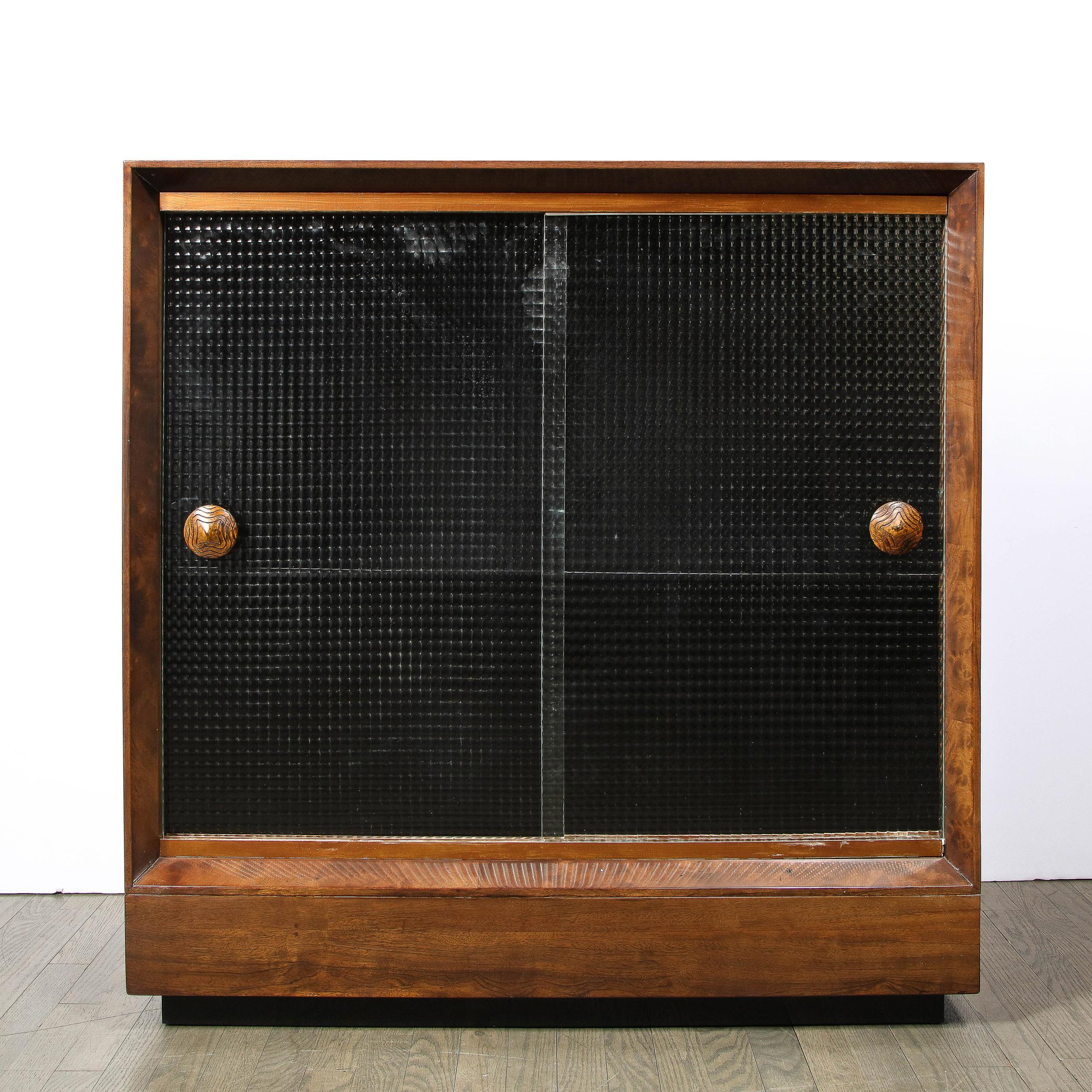 American Mid-Century Modern Walnut & Textured Glass Dry Bar/ Cabinet by Gilbert Rohde