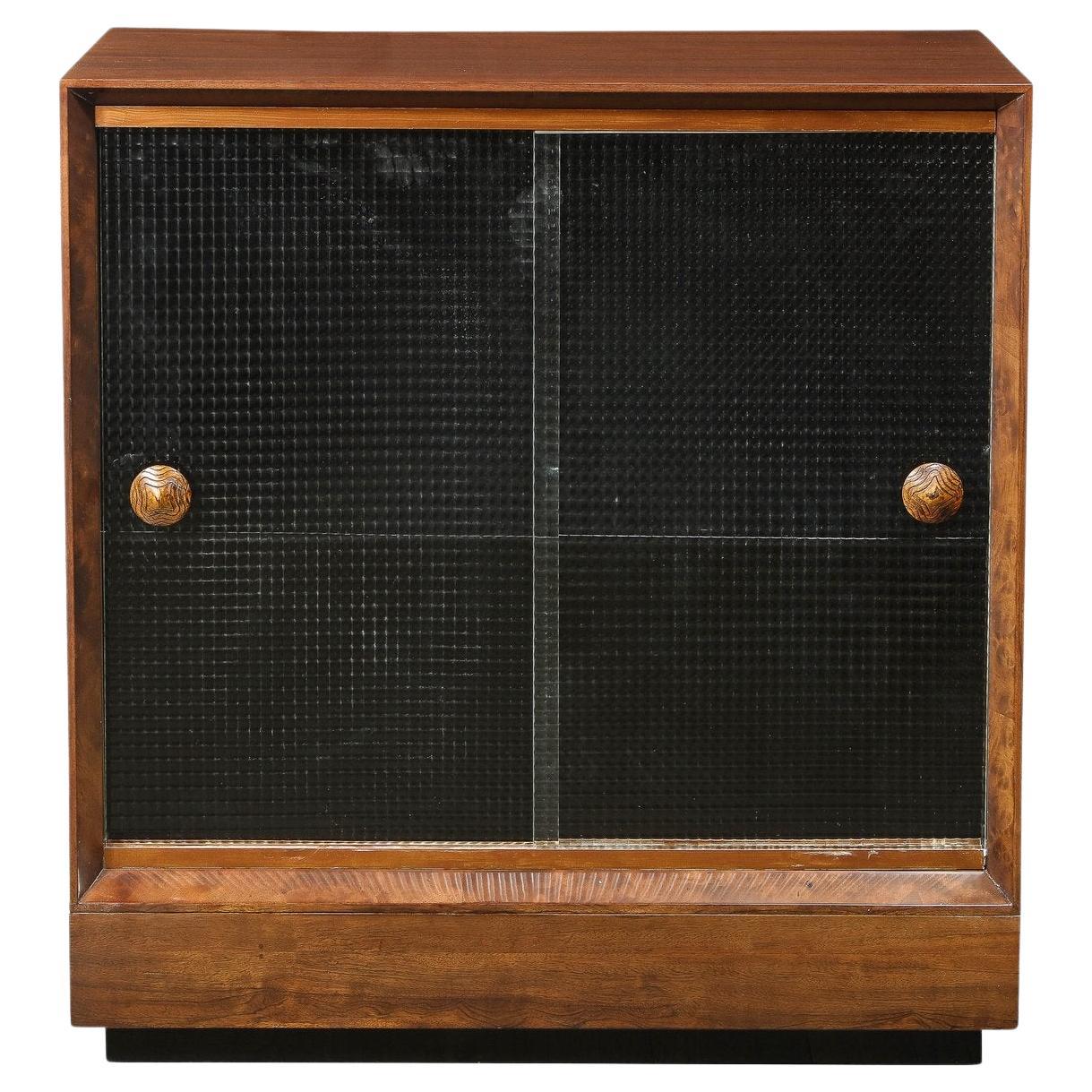 Mid-Century Modern Walnut & Textured Glass Dry Bar/ Cabinet by Gilbert Rohde