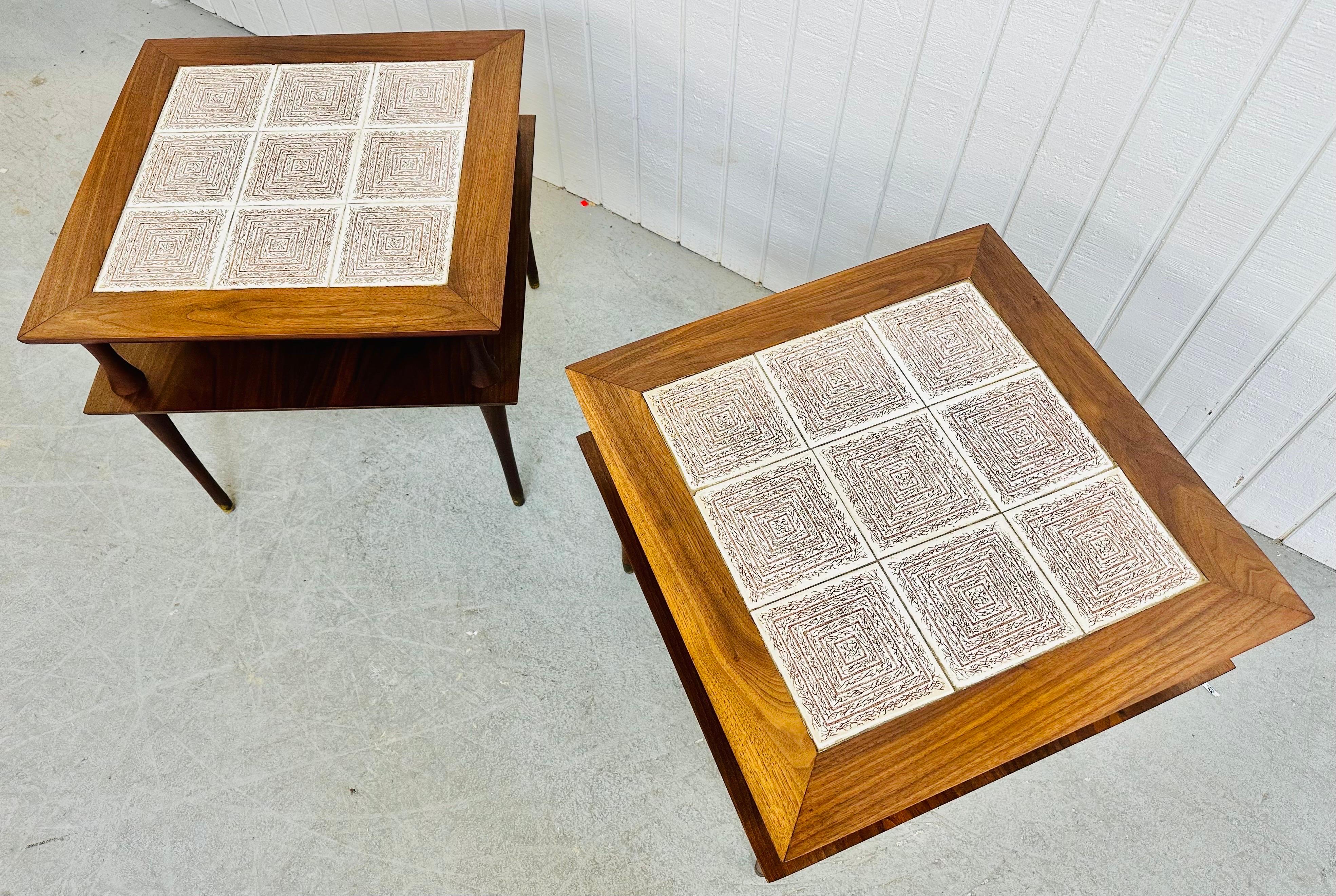 American Mid-Century Modern Walnut Tile Top Side Tables - Set of 2 For Sale