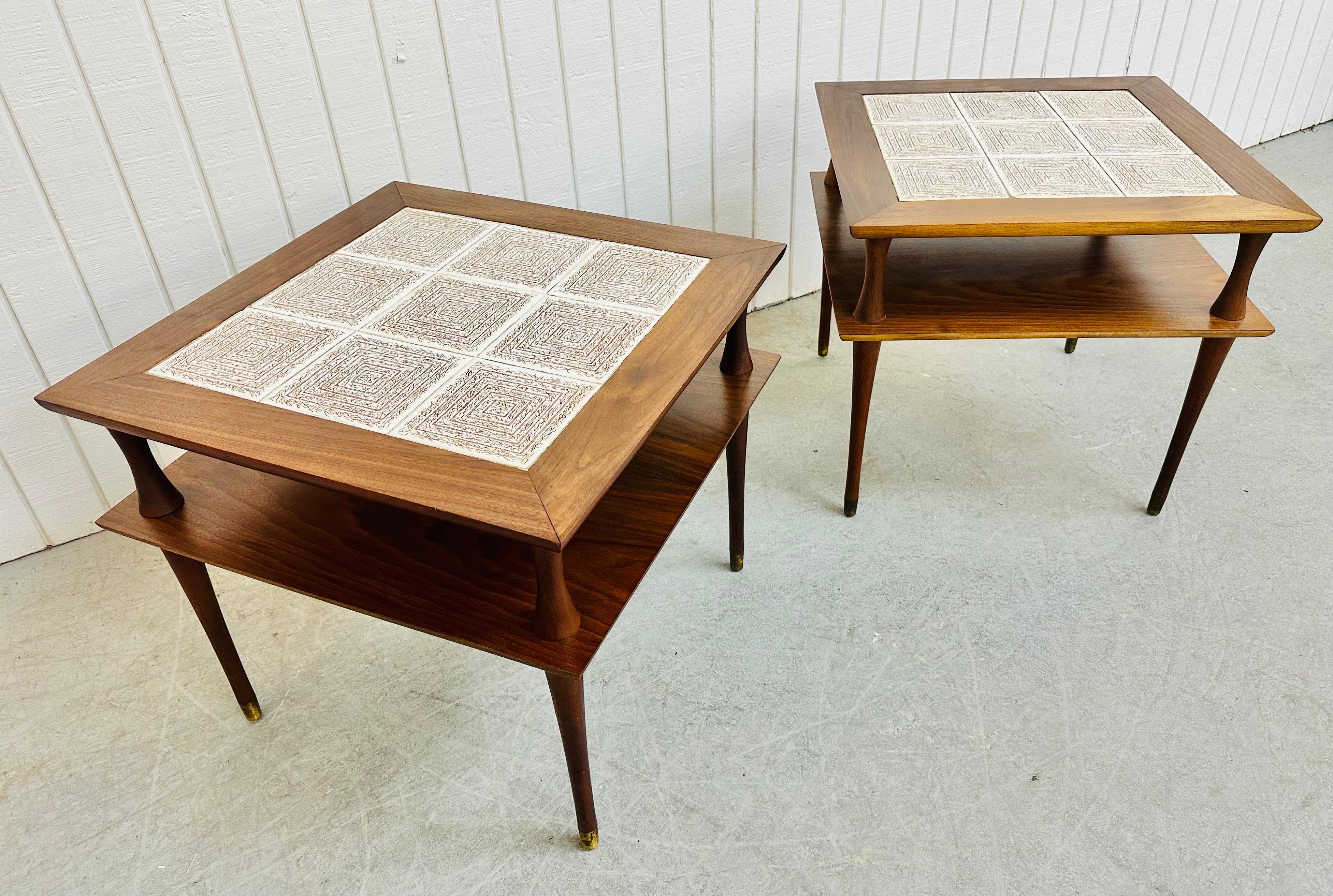 20th Century Mid-Century Modern Walnut Tile Top Side Tables - Set of 2 For Sale