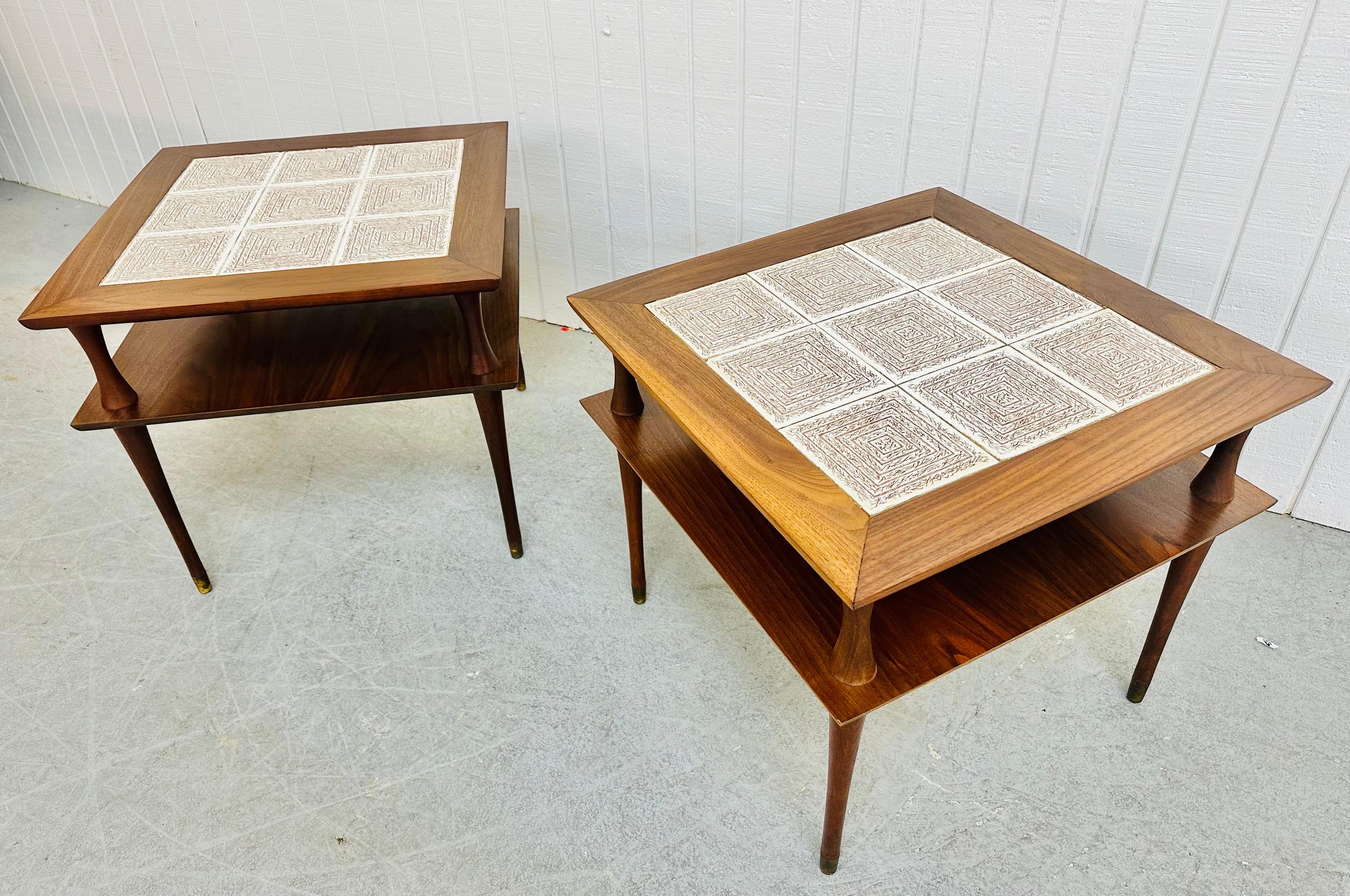 Textile Mid-Century Modern Walnut Tile Top Side Tables - Set of 2 For Sale