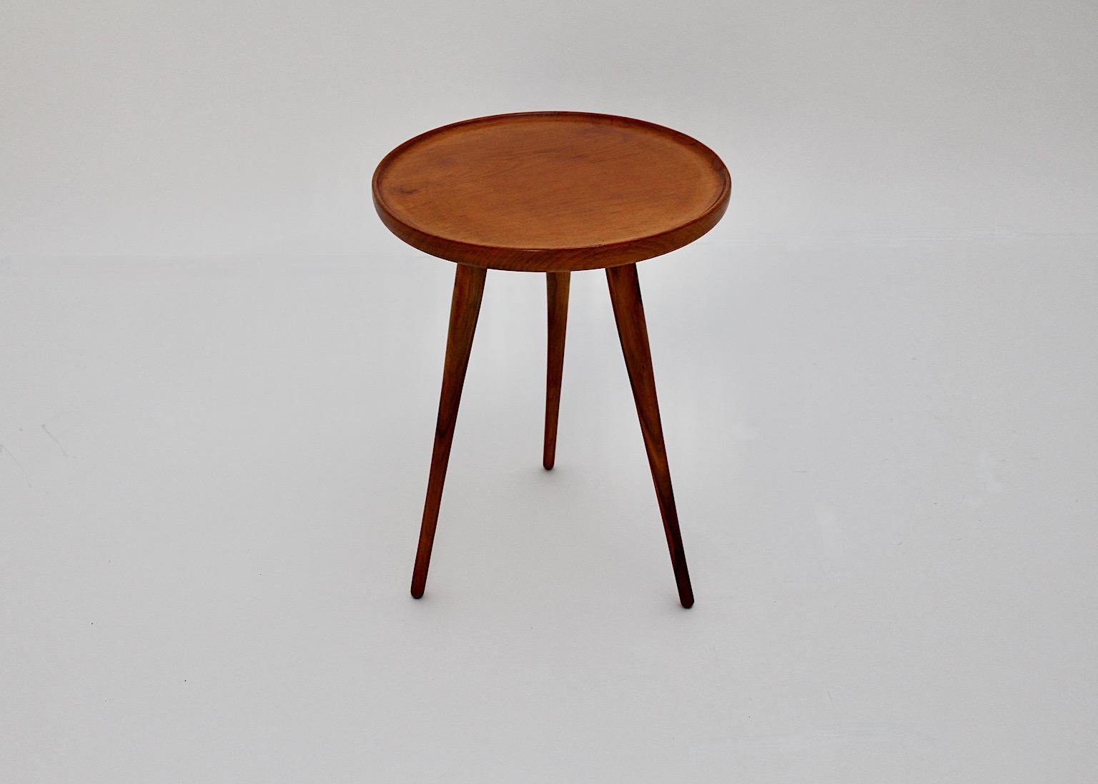 Austrian Mid Century Modern Walnut Tiny Circular Walnut Side Table 1950s Austria For Sale