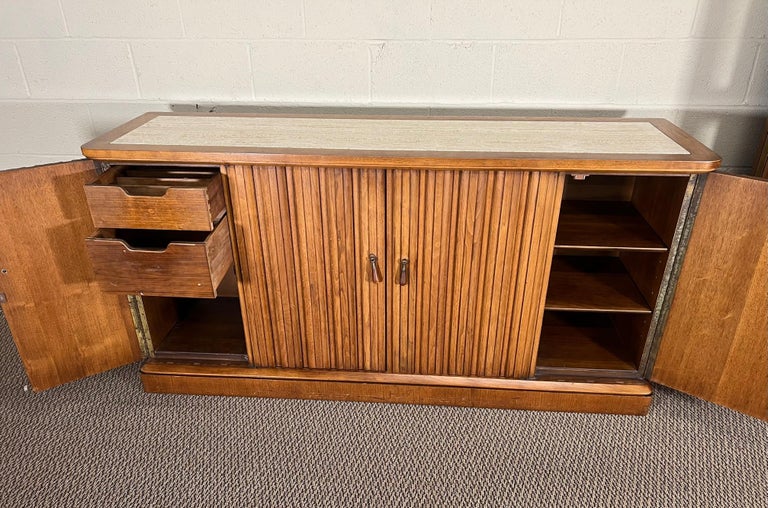 MidCentury Modern Walnut Travertine Buffet Credenza Sideboard Henredon