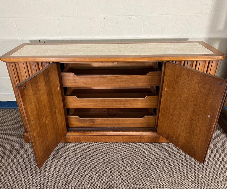 MidCentury Modern Walnut Travertine Buffet Credenza Sideboard Henredon