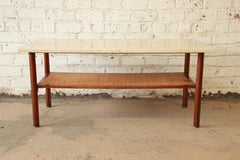 Mid-Century Modern Walnut, Travertine, Cane, and Brass Coffee Table