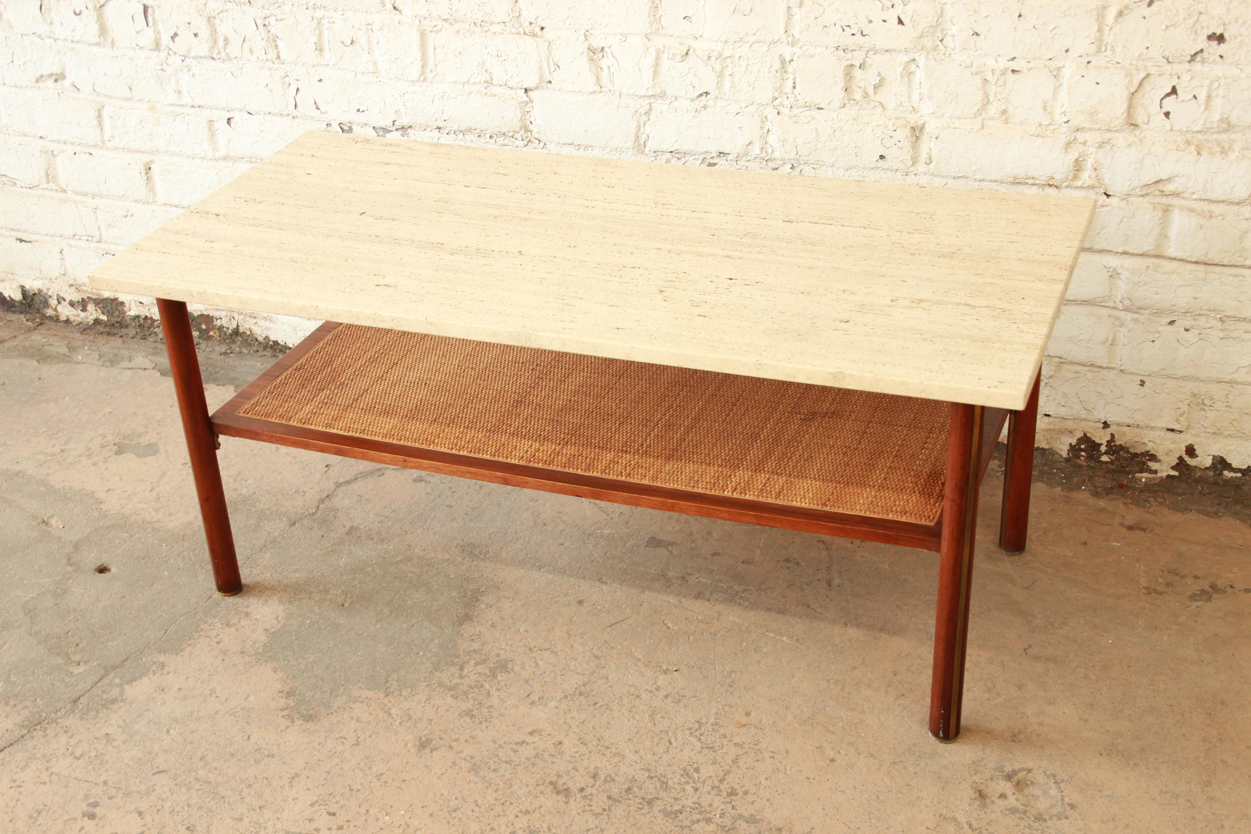 Mid-Century Modern Walnut, Travertine, Cane, and Brass Coffee Table 1