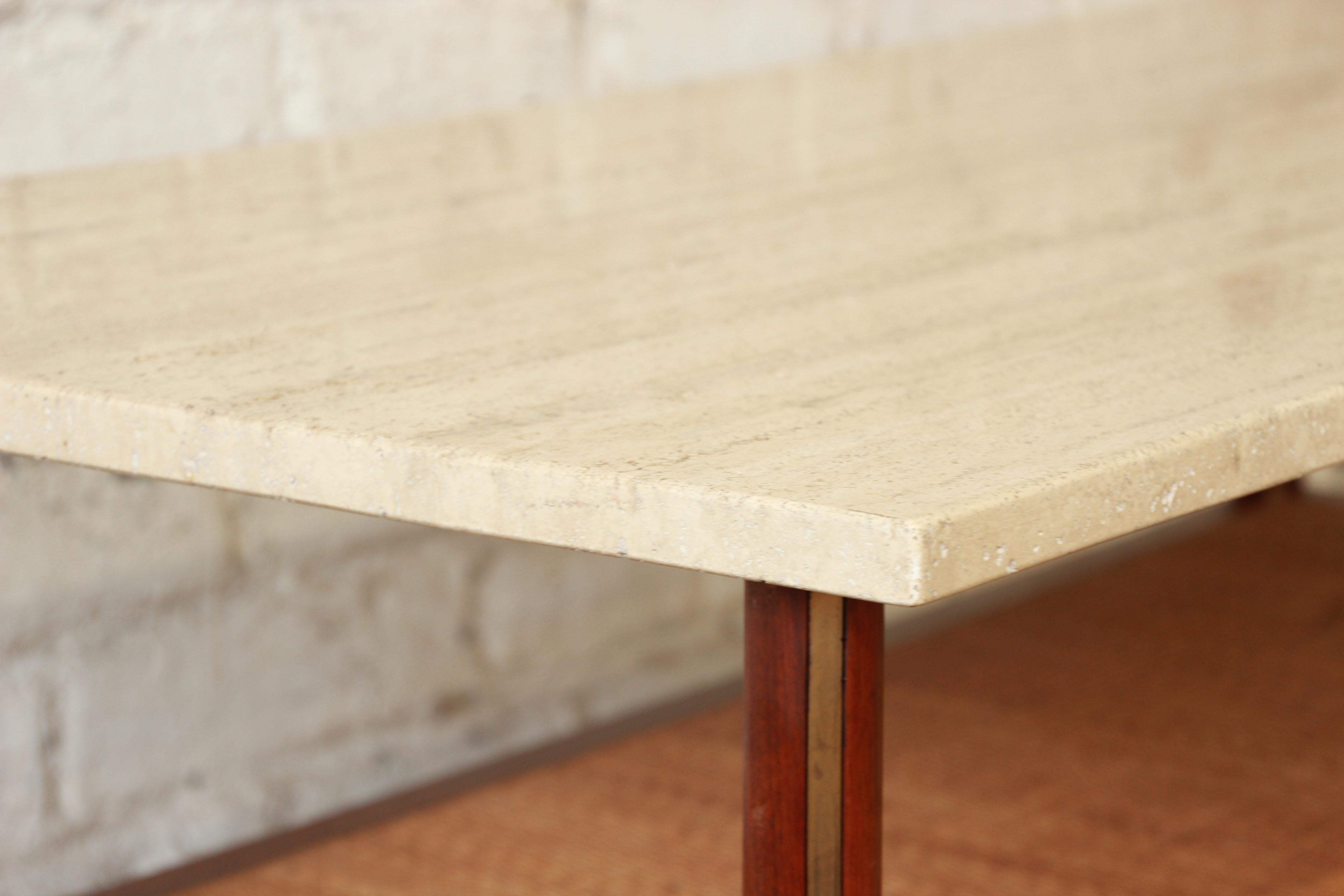 Mid-Century Modern Walnut, Travertine, Cane, and Brass Coffee Table 5