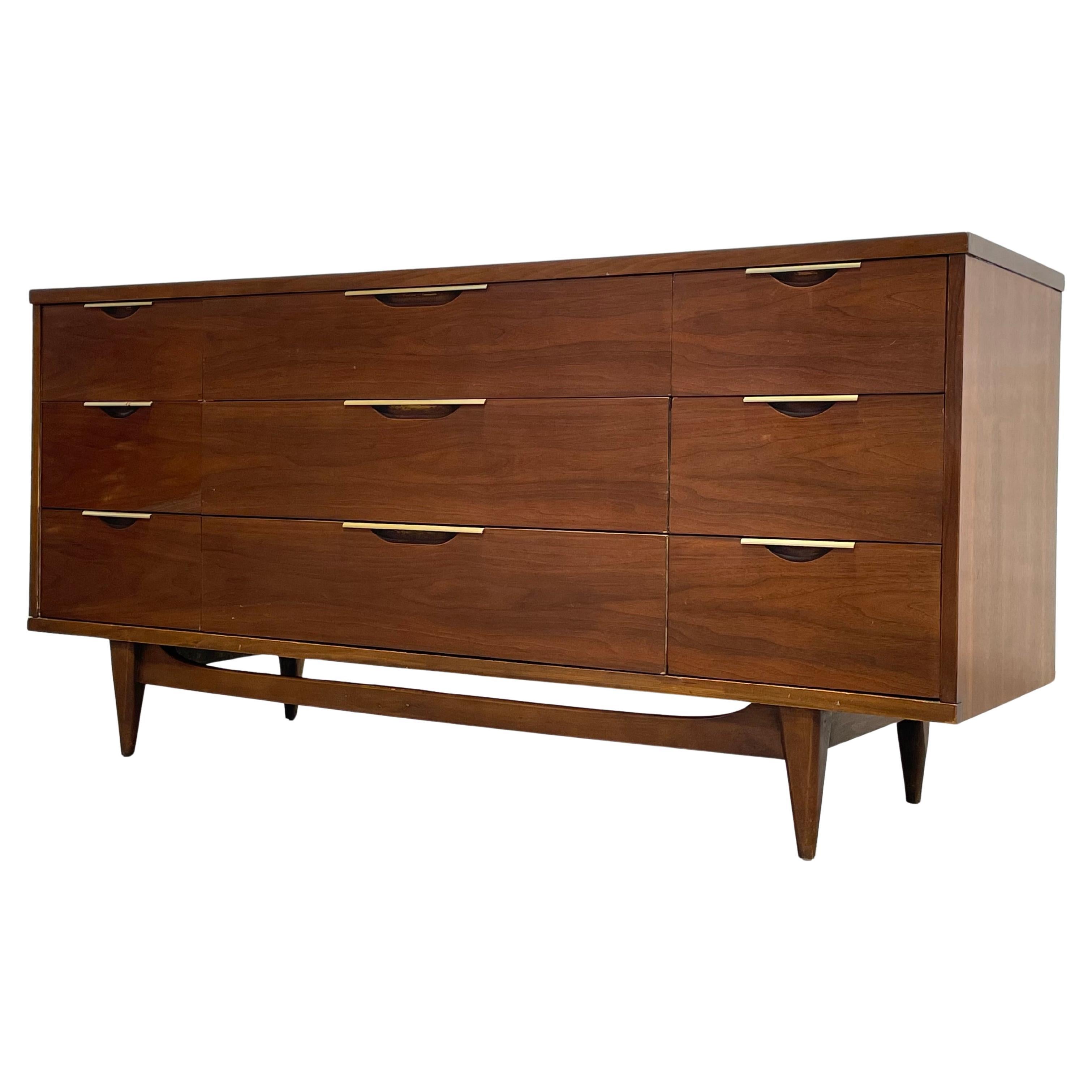 Mid Century MODERN Walnut TRIPLE DRESSER by Kent Coffey’s Tableau Line, c. 1960