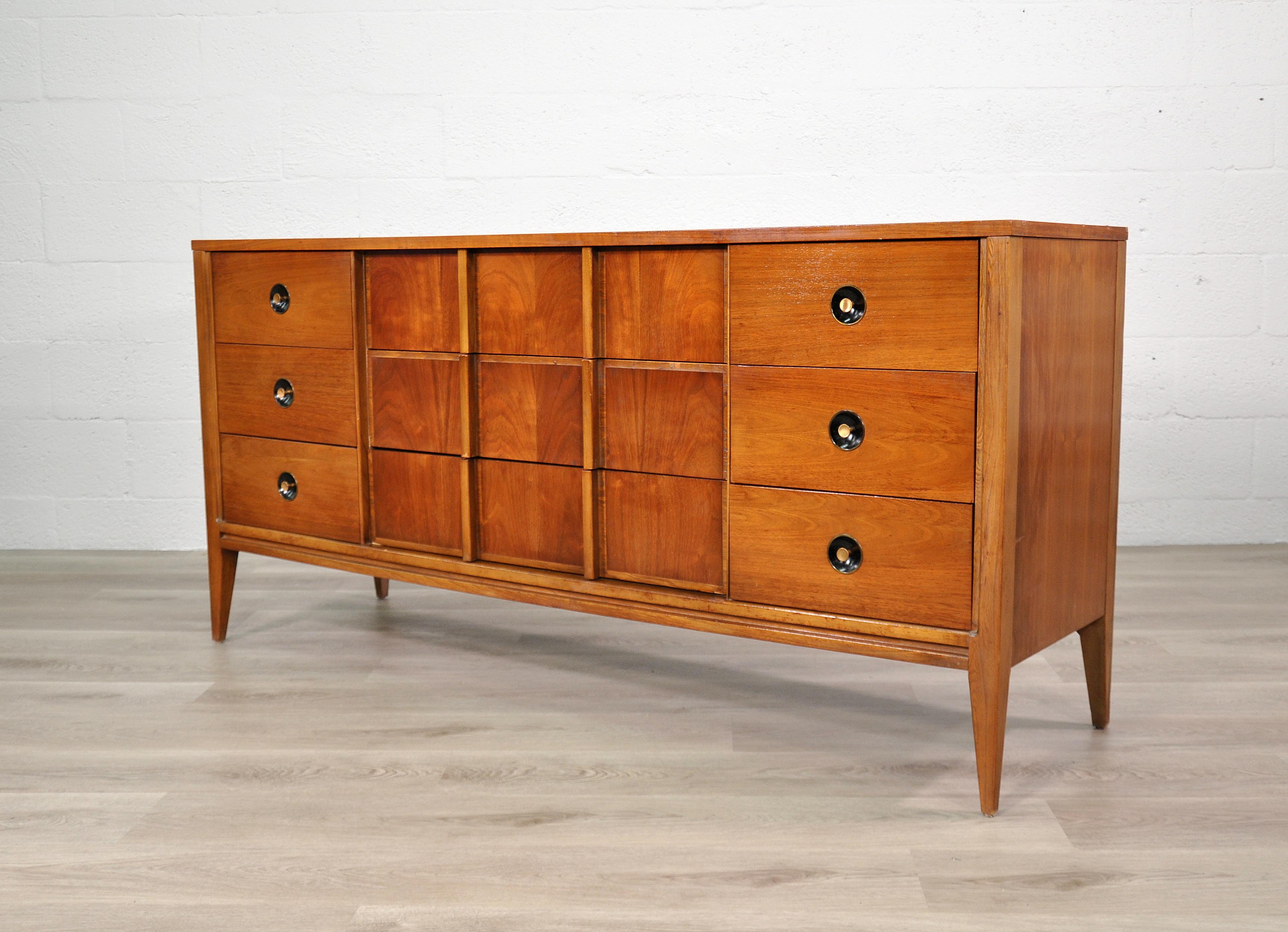 Mid-Century Modern Walnut Triple Dresser by Stanley For Sale 1