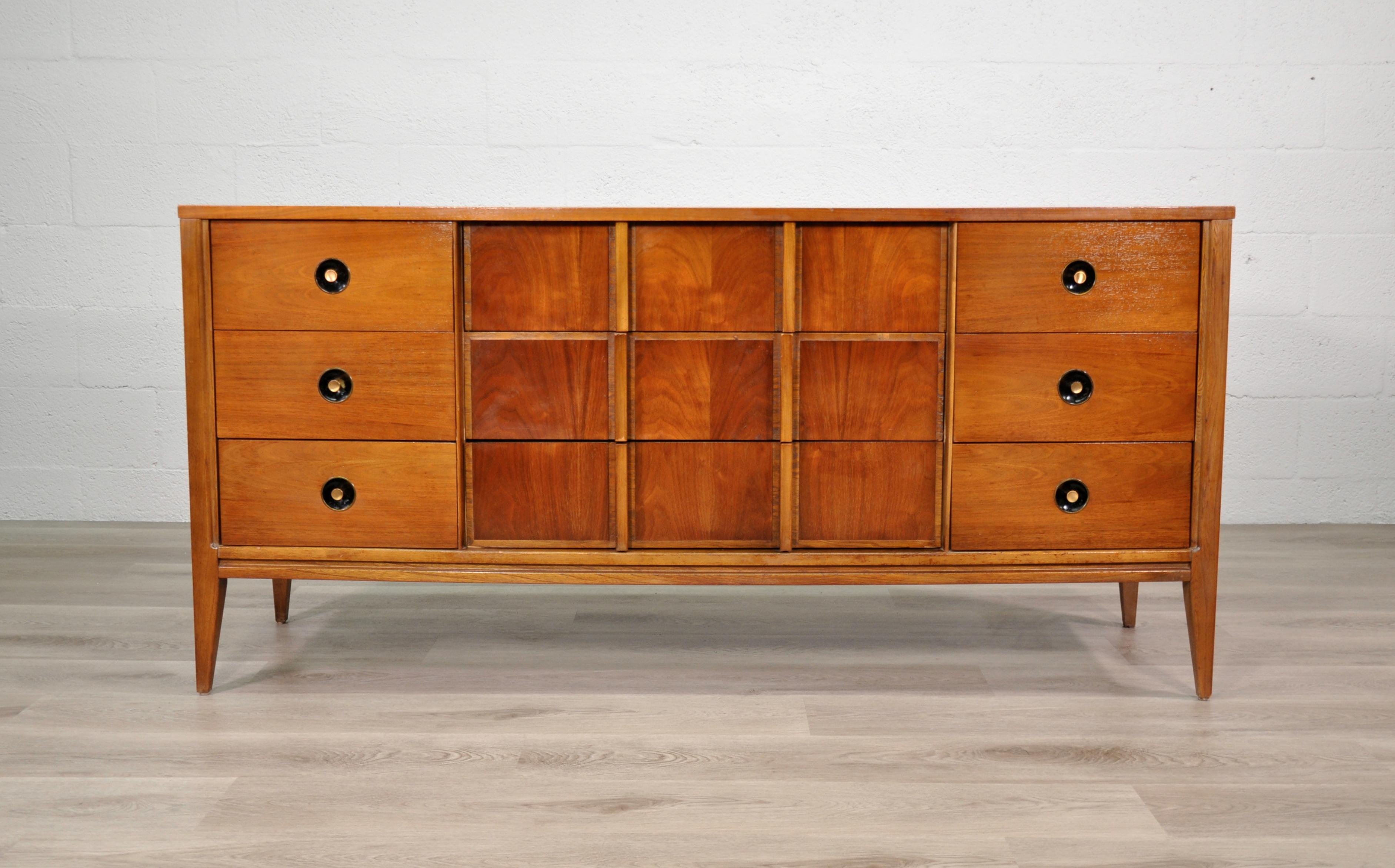 Oak Mid-Century Modern Walnut Triple Dresser by Stanley For Sale