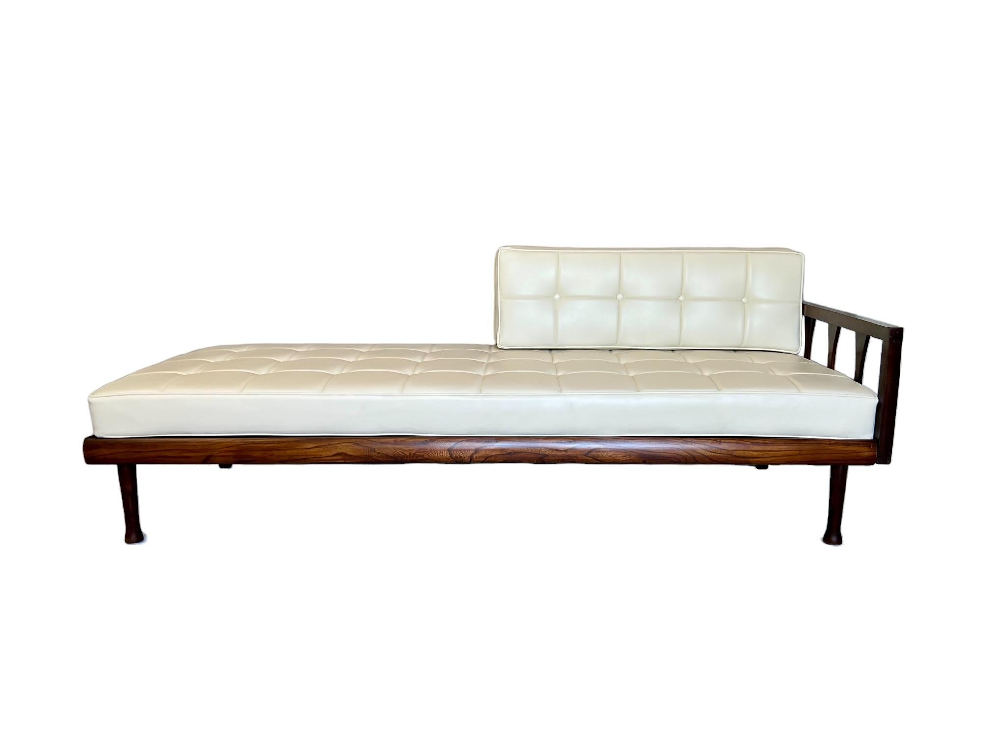 Carved Mid-Century Modern Walnut & Tufted Vinyl Daybed Sofa, 1950s