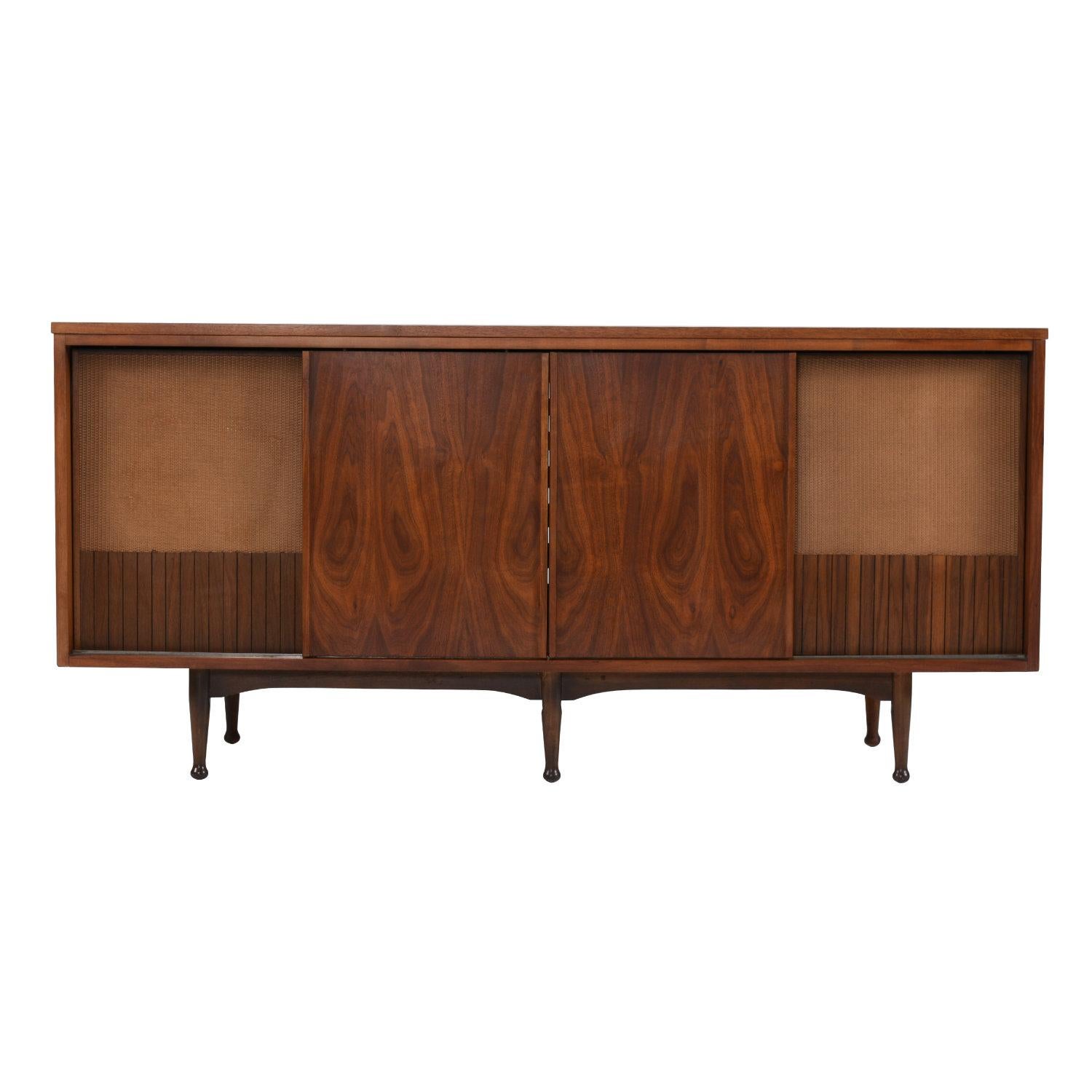 American MCM Mainline by Hooker Walnut Credenza Media Center with Sliding Doors
