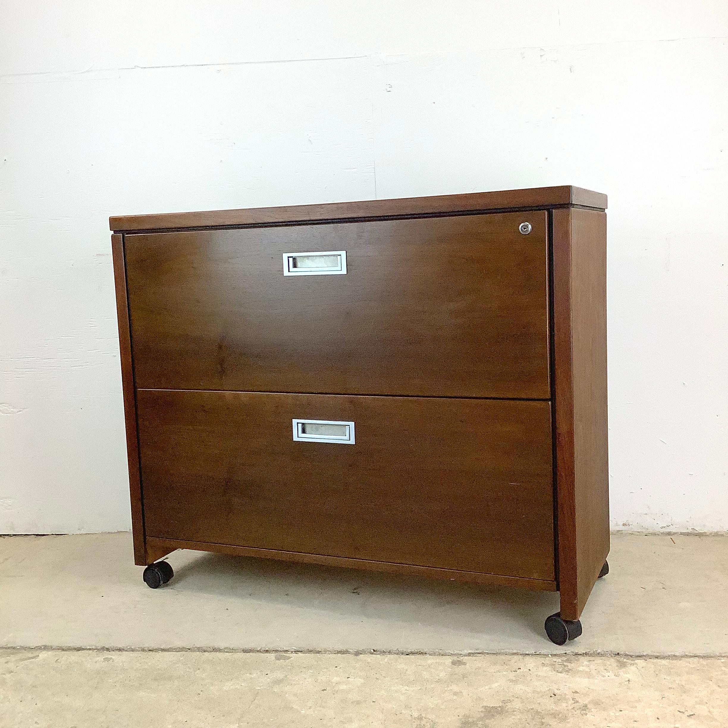 Metal Mid-Century Modern Walnut Two Drawer Filing Cabinet For Sale