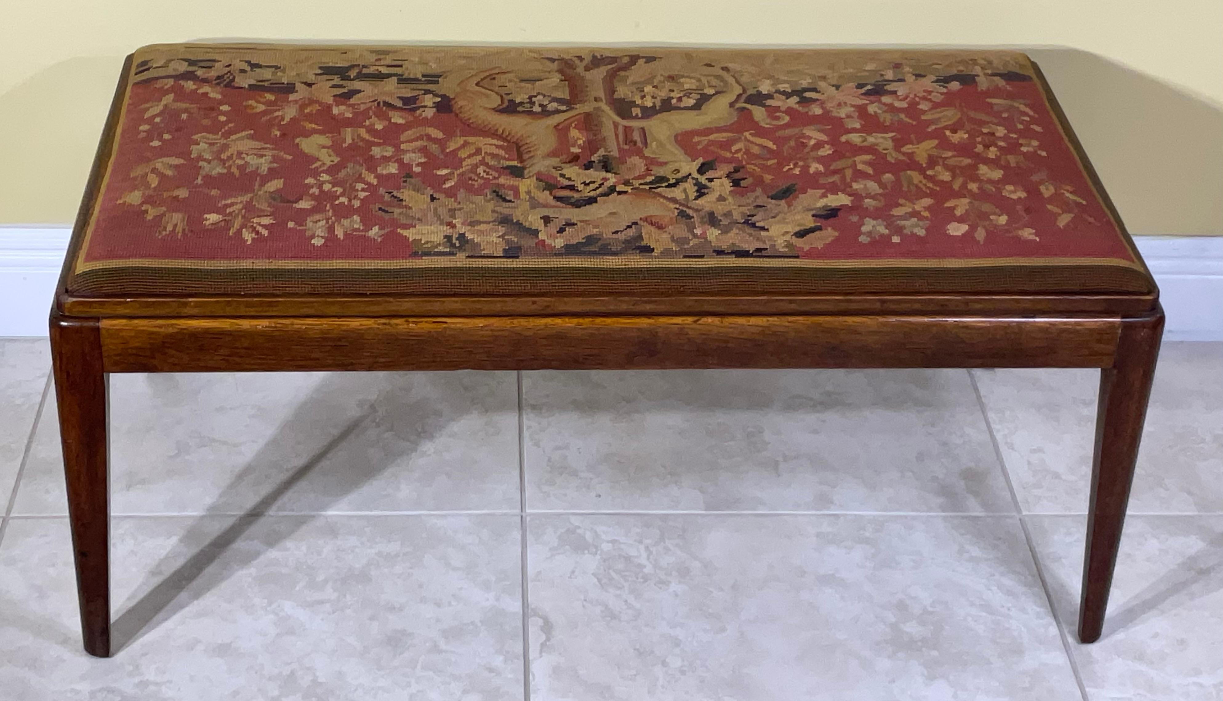 Mid-Century Modern Walnut Upholstered Bench with Intricate Tapestry For Sale 5