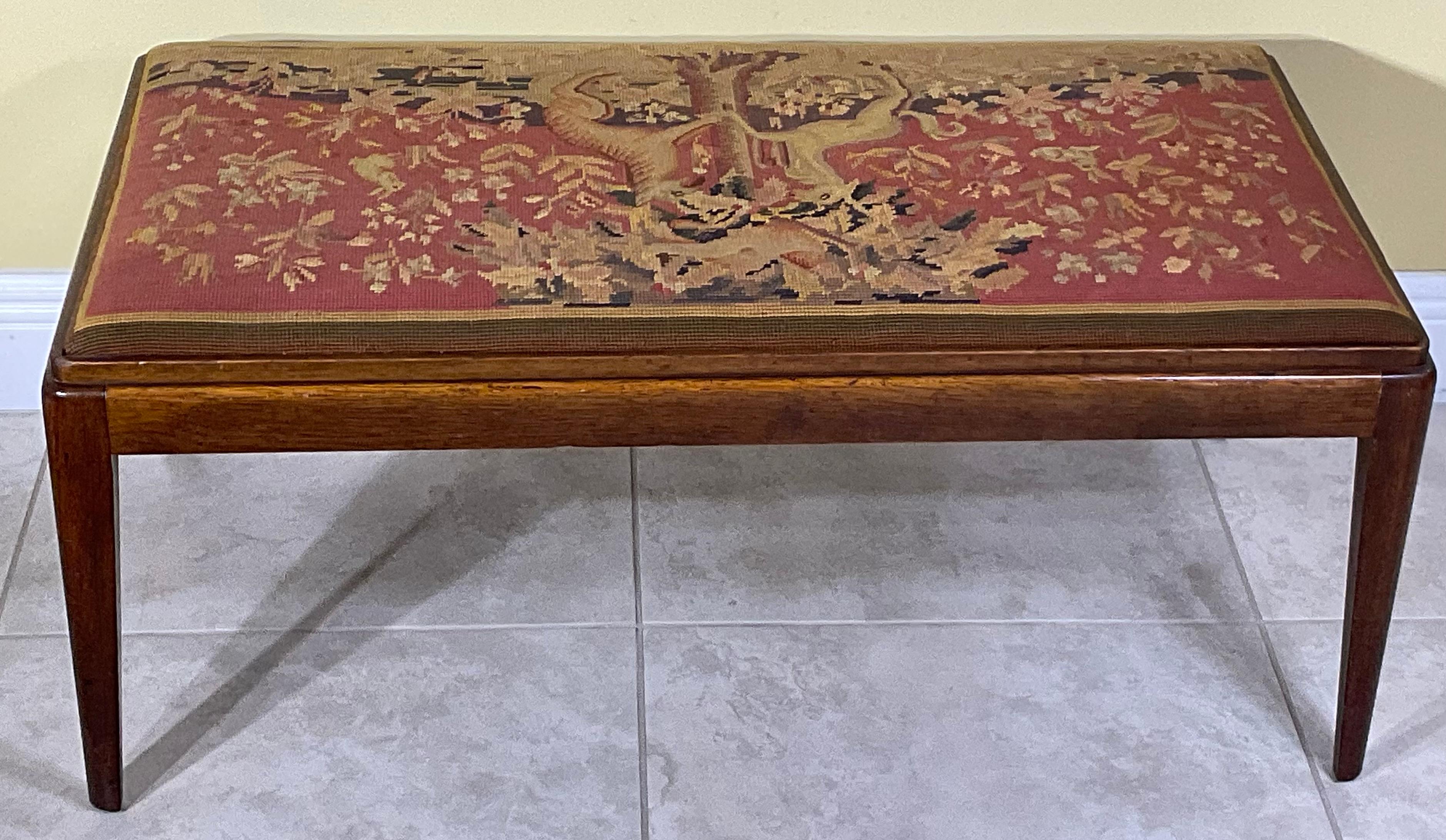 Mid-Century Modern Walnut Upholstered Bench with Intricate Tapestry For Sale 6