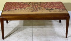 Mid-Century Modern Walnut Upholstered Bench with Intricate Tapestry